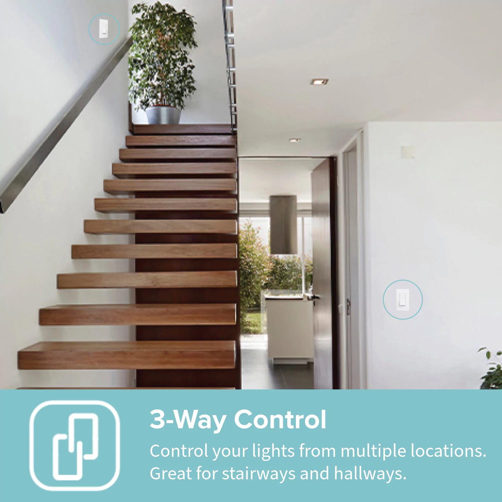 Modern staircase with two wall switches highlighted, showing ALLY 3-way smart dimmer controlling lights from two locations.