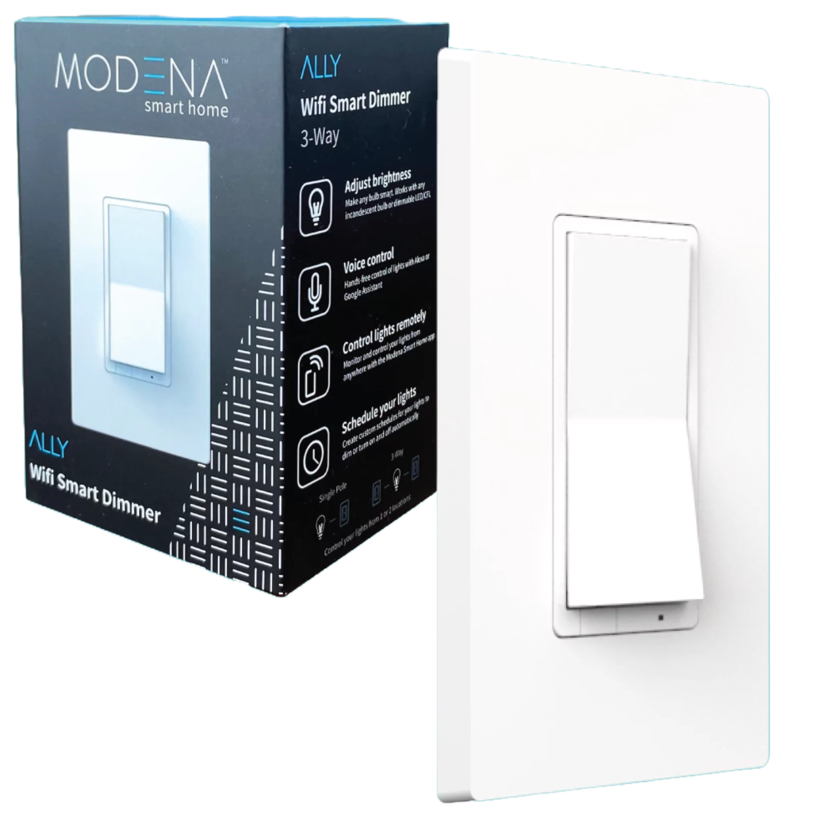 ALLY WiFi smart dimmer beside its retail packaging, highlighting features like brightness control and remote access.