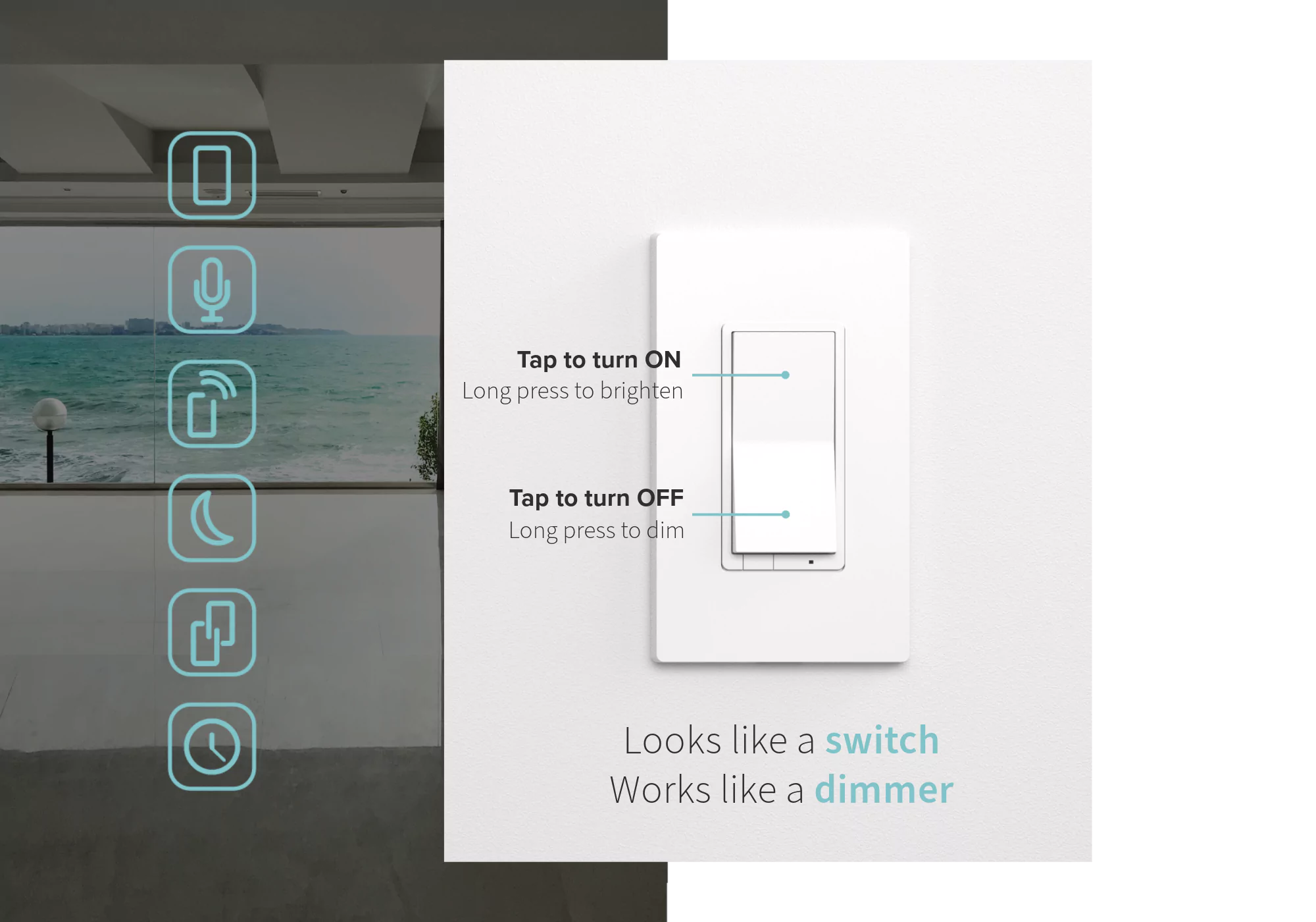 White ALLY smart dimmer on wall with labels showing tap to turn on/off and long press to dim or brighten
