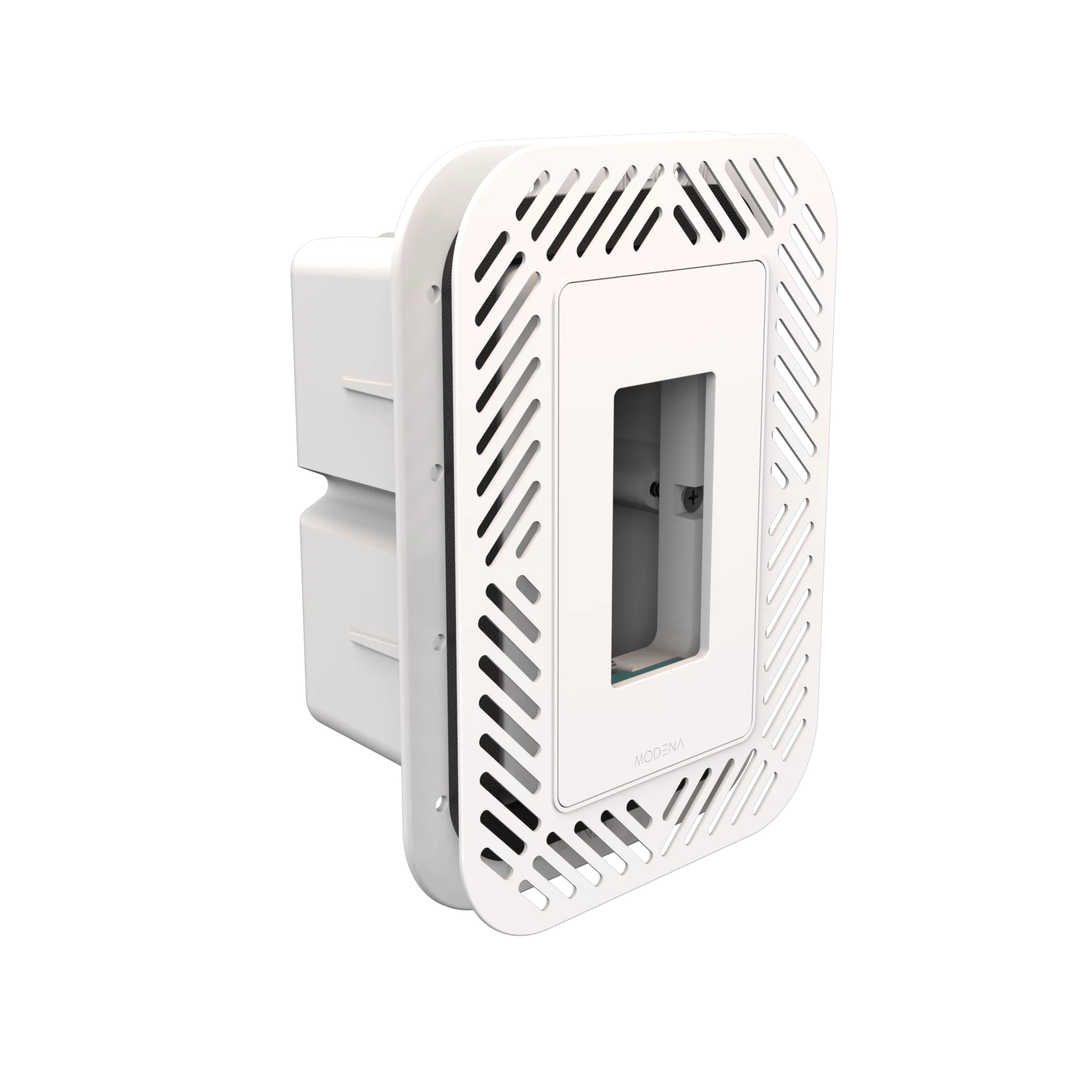 Angle view of CONCEAL 1-gang flush mount system with gasket for Decora switches and outlets in drywall surfaces