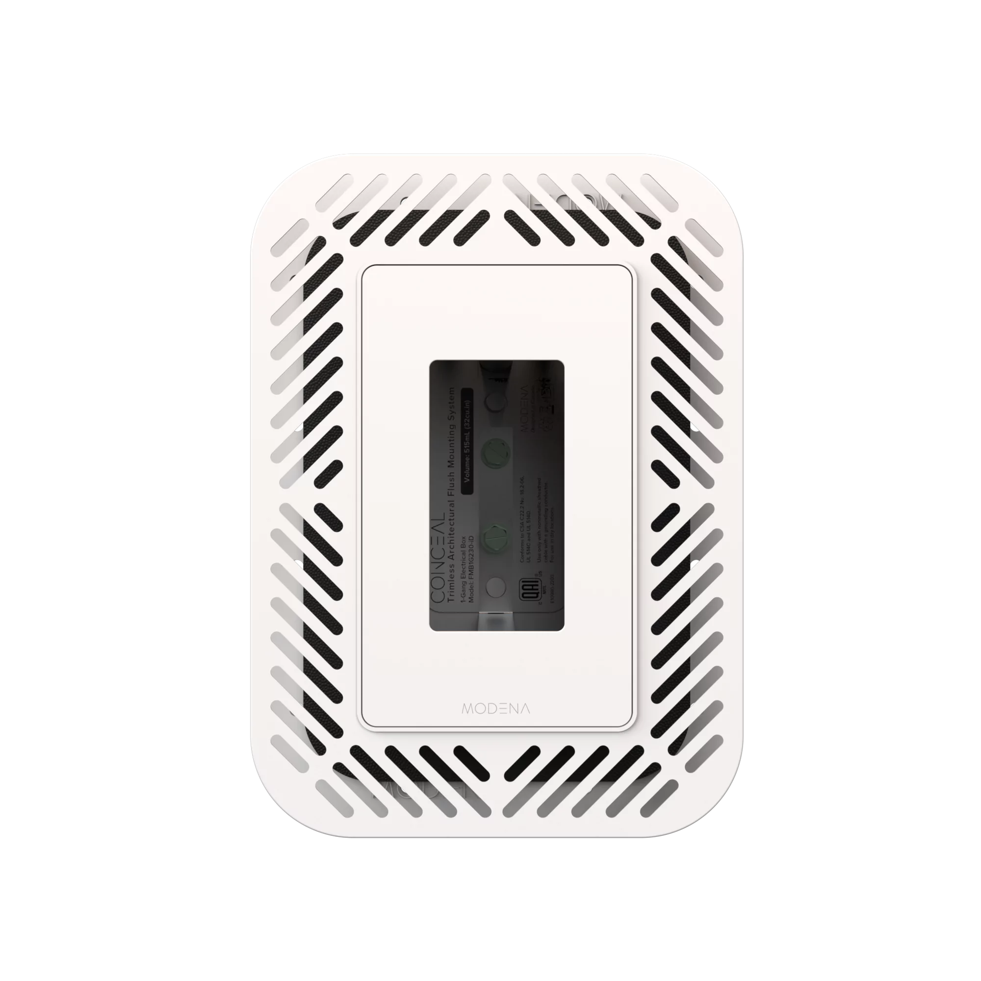 Front view of CONCEAL 1-gang flush mount system with gasket for Decora switches and outlets in drywall surfaces