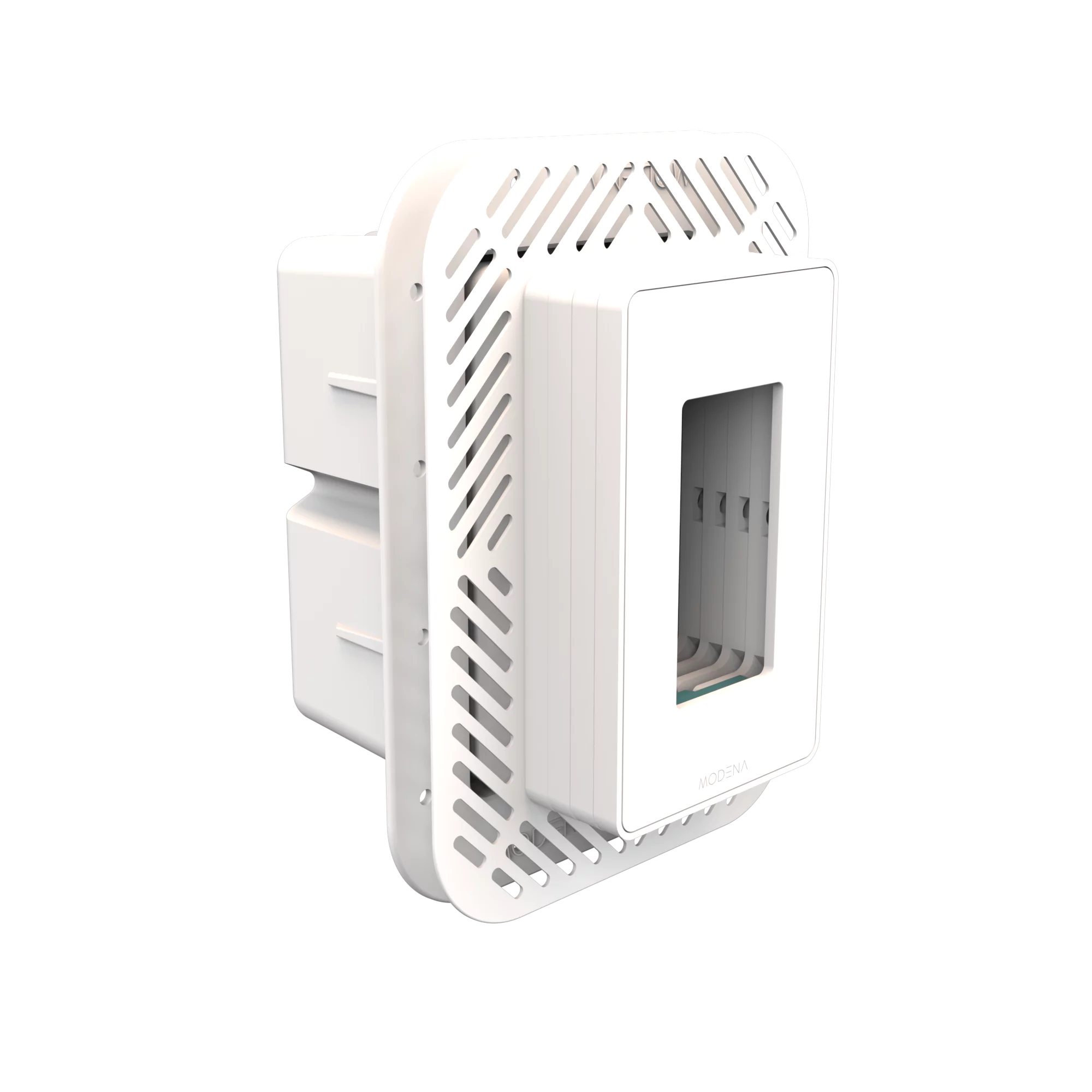 Angle view of CONCEAL 1-gang flush mount system for Decora switches and outlets in 1-1 1/4 inch solid surfaces