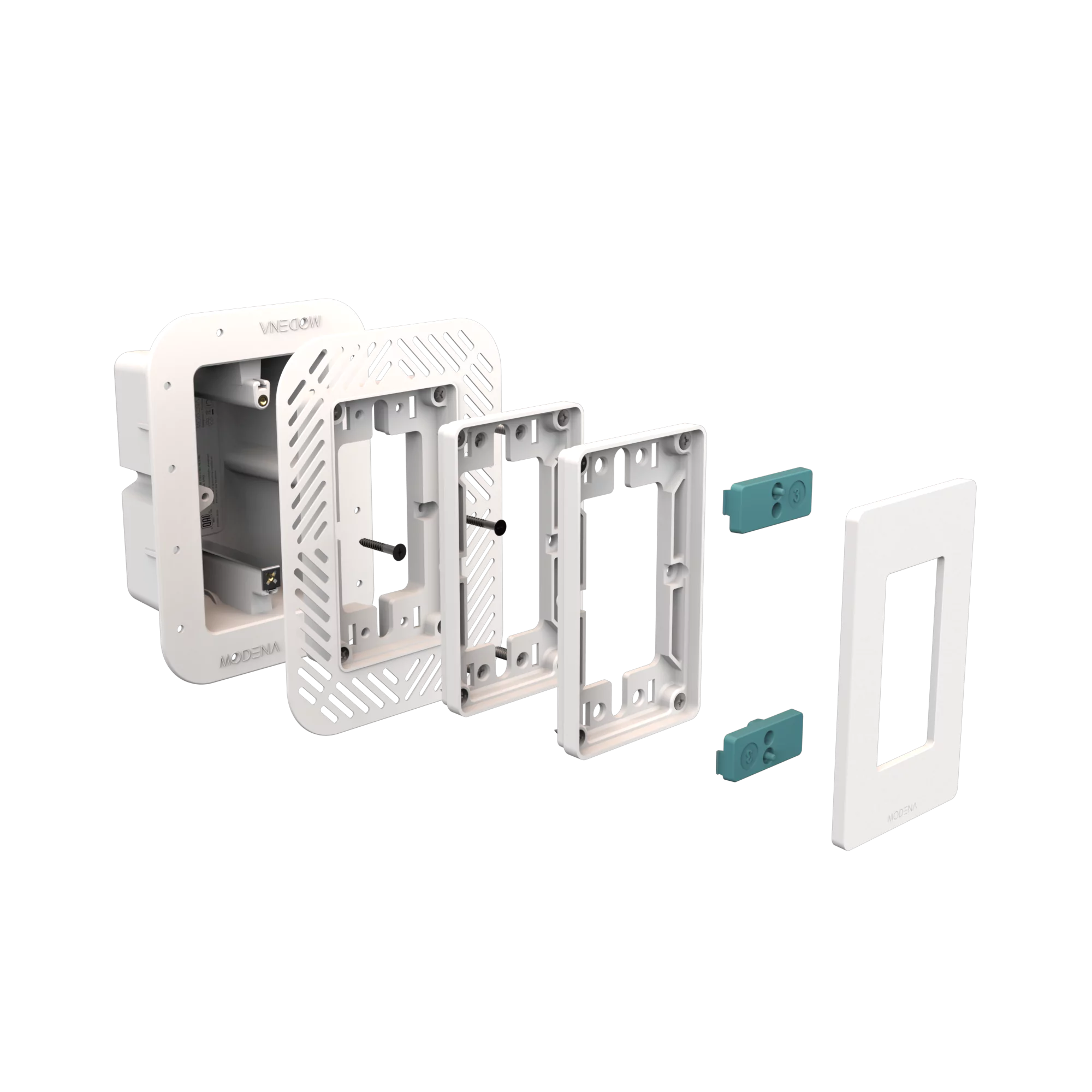 Exploded view of CONCEAL 1-gang flush mount system for Decora switches and outlets in 1/2-3/4 inch solid surfaces