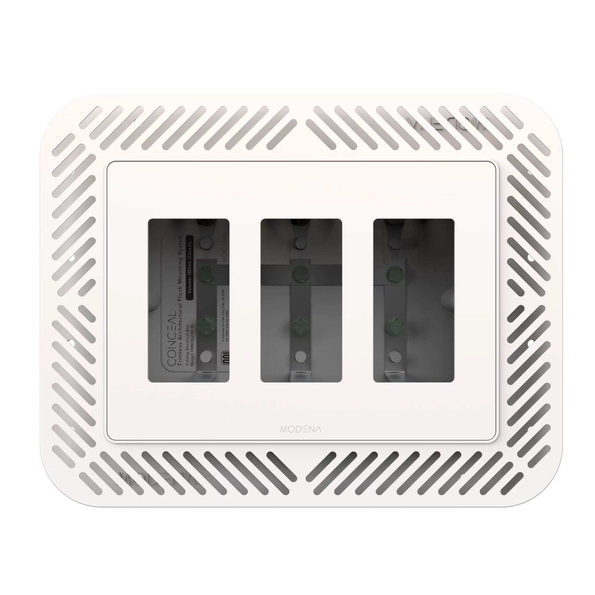 Front view of CONCEAL 3-gang flush mount system for Decora switches and outlets in drywall surfaces
