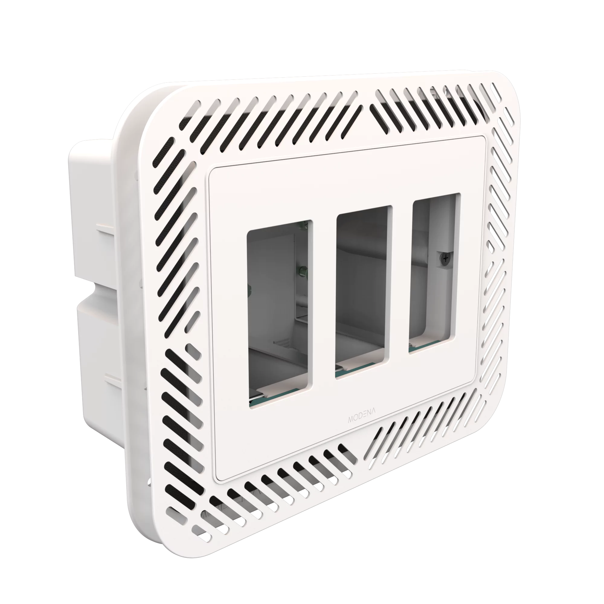 Angle view of CONCEAL 3-gang flush mount system with gasket for Decora switches and outlets in drywall surfaces
