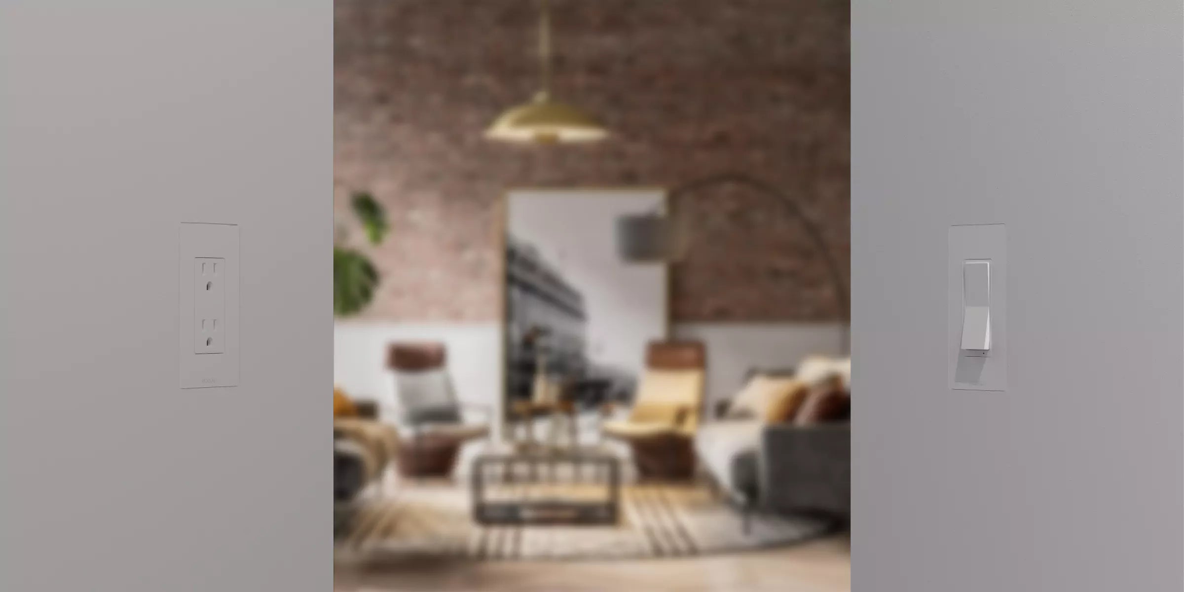 A wall mounted switch flush-mounted using CONCEAL on a white wall with a blurred living room in the background