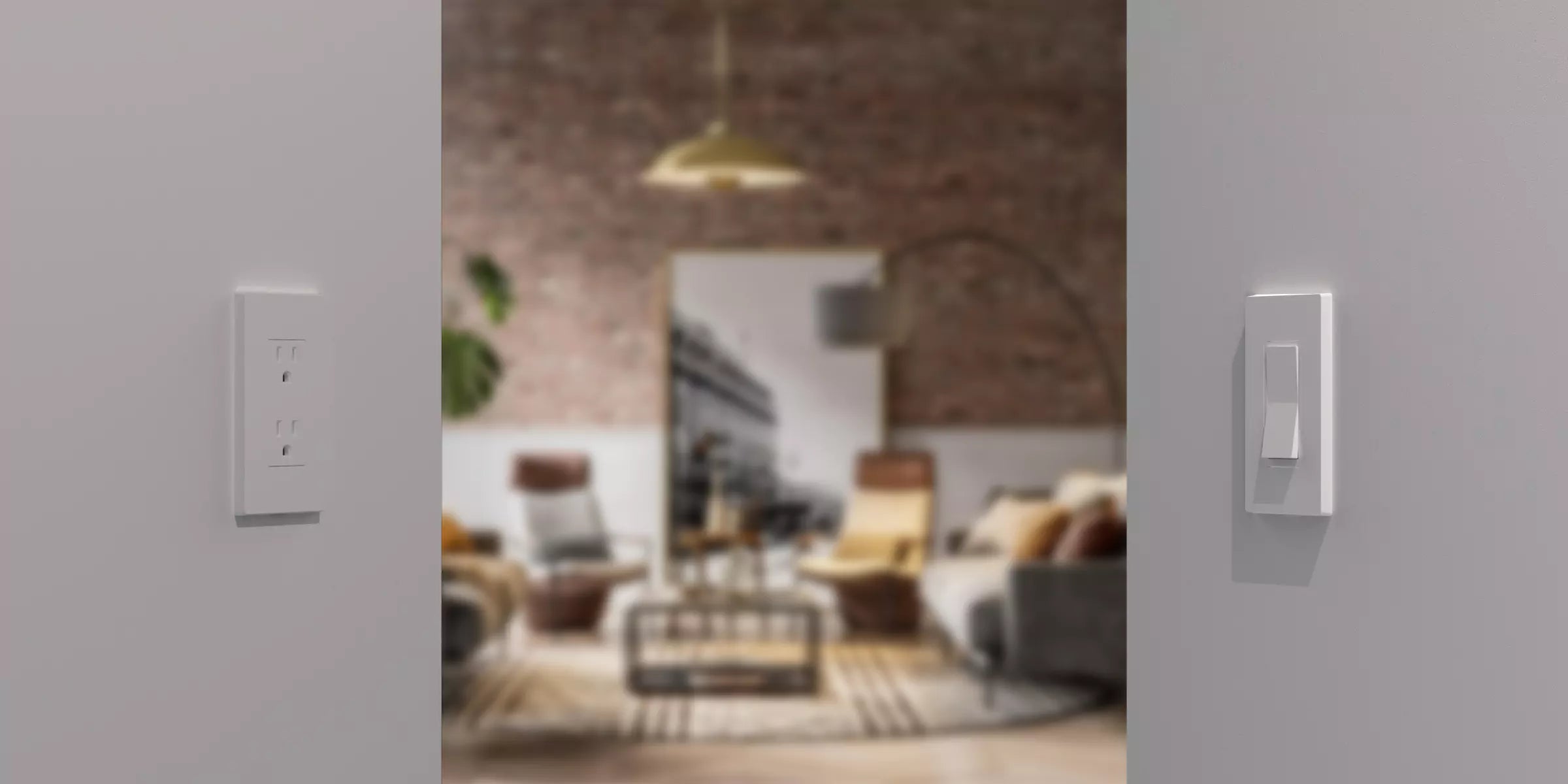 A wall mounted switch with a traditional protruding cover plate mounted on a white wall with a blurred living room in the background