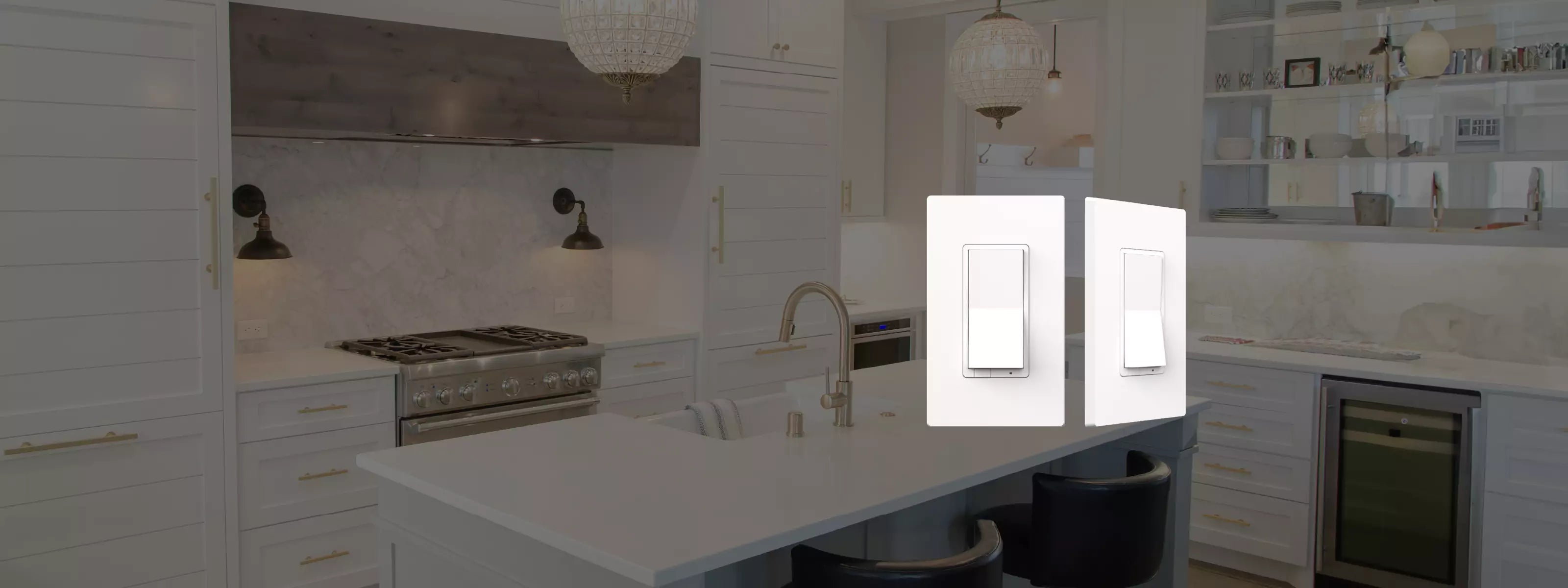 ALLY WiFi smart dimmer displayed over a bright white kitchen with marble island and pendant lighting