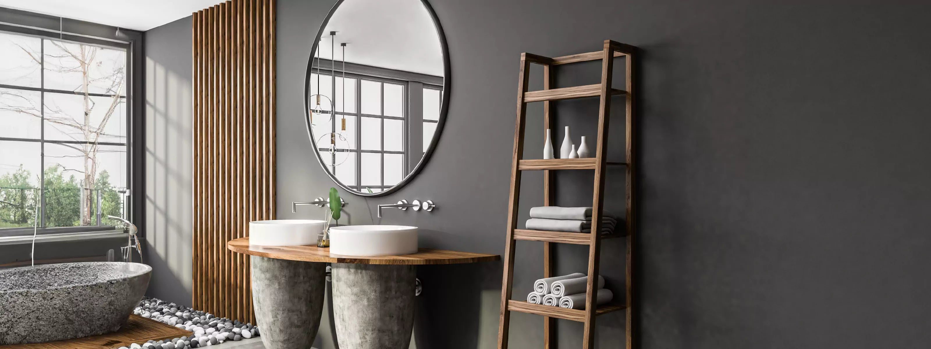 Modern zen bathroom with a stone tub, wood slat wall, and double sinks under an oversized round mirror