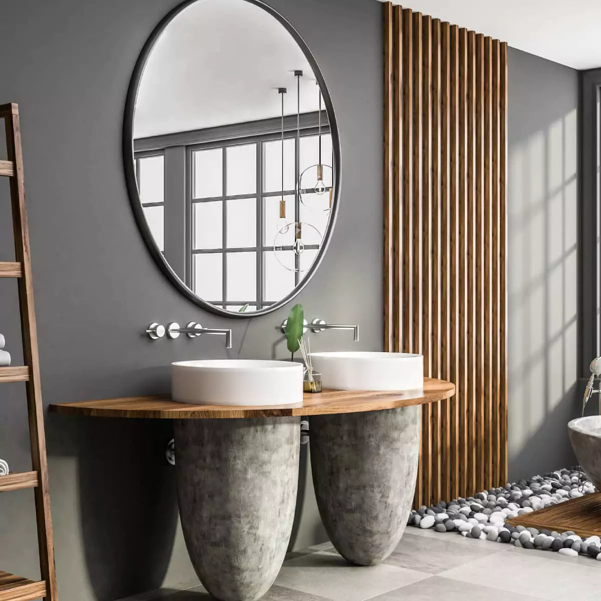 Modern zen bathroom with a stone tub, wood slat wall, and double sinks under an oversized round mirror