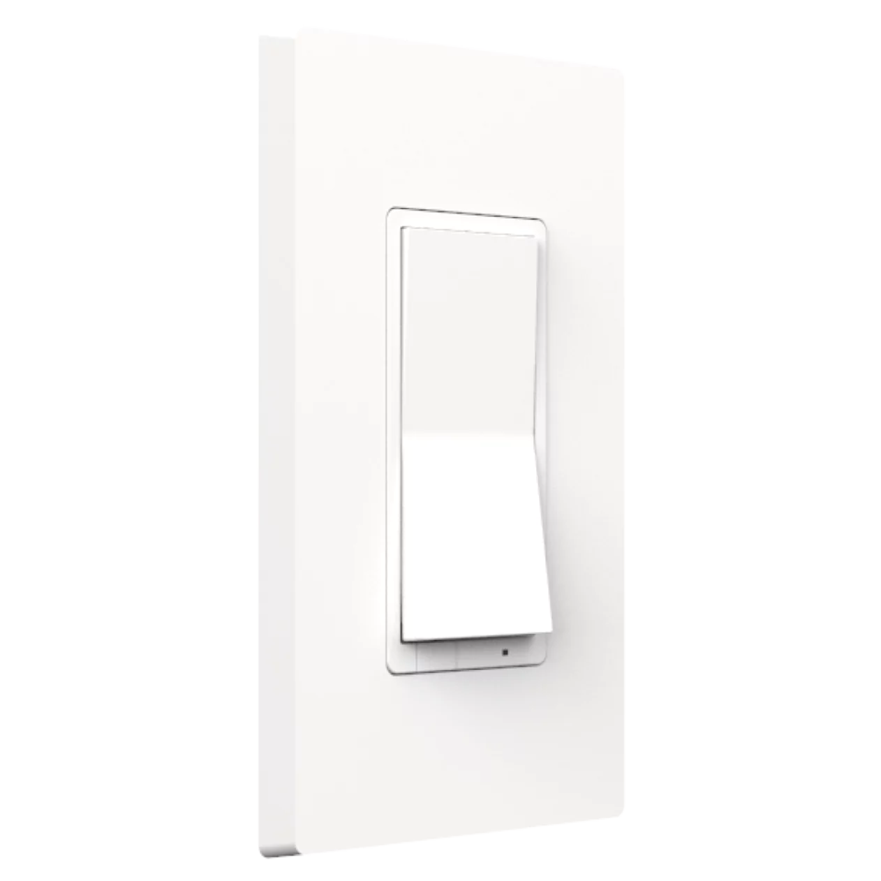 Front angle view of ALLY 3-way WiFi smart dimmer in a white screwless coverplate