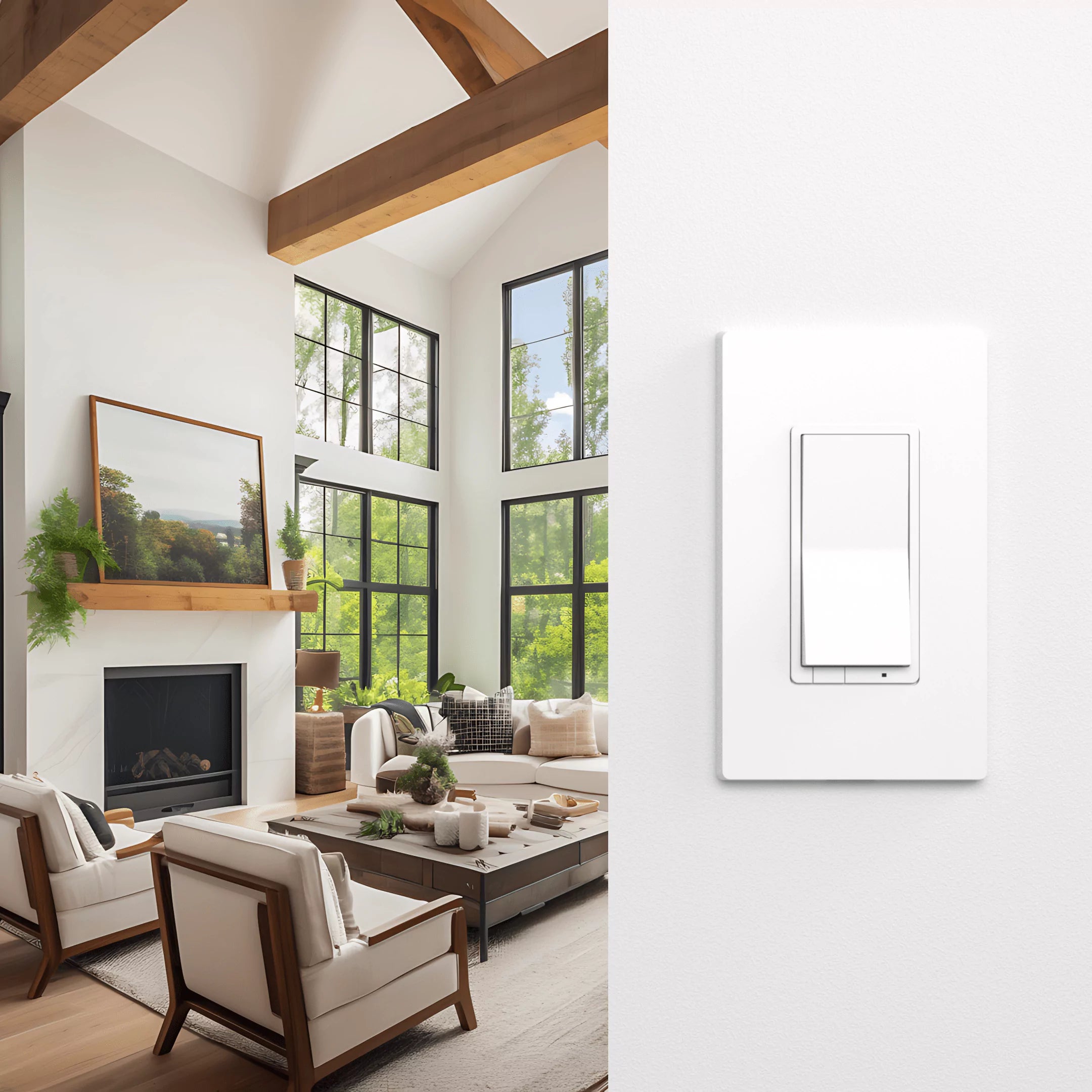 Living room with a fireplace and large windows, featuring an ALLY smart dimmer on a white wall in the foreground