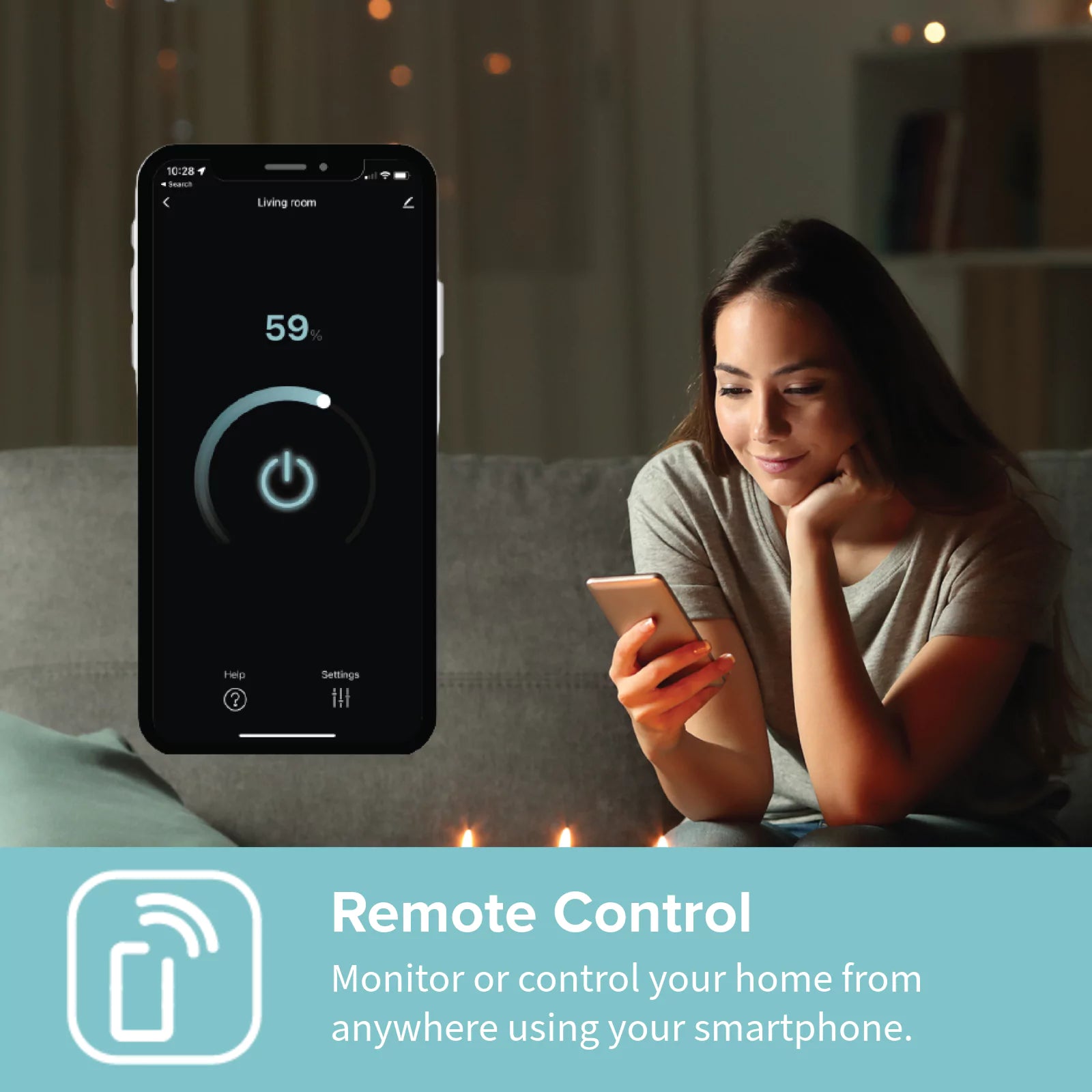 Woman sitting on a sofa using her smartphone while an app screen shows that she is controlling her ALLY WiFi smart dimmer.