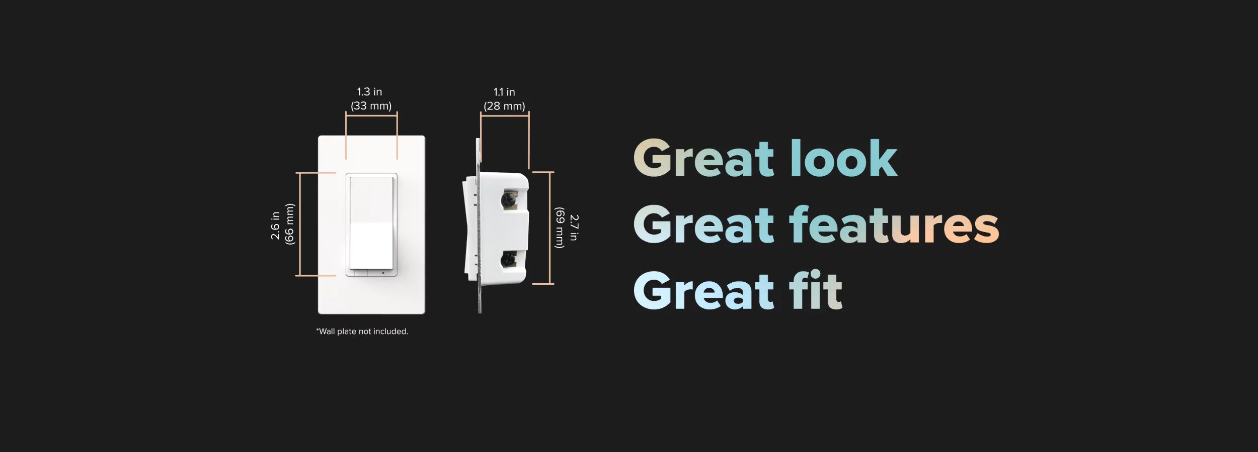 Front and side view of ALLY smart dimmer with dimensions showing compact width and depth for easy fit in standard wall boxes