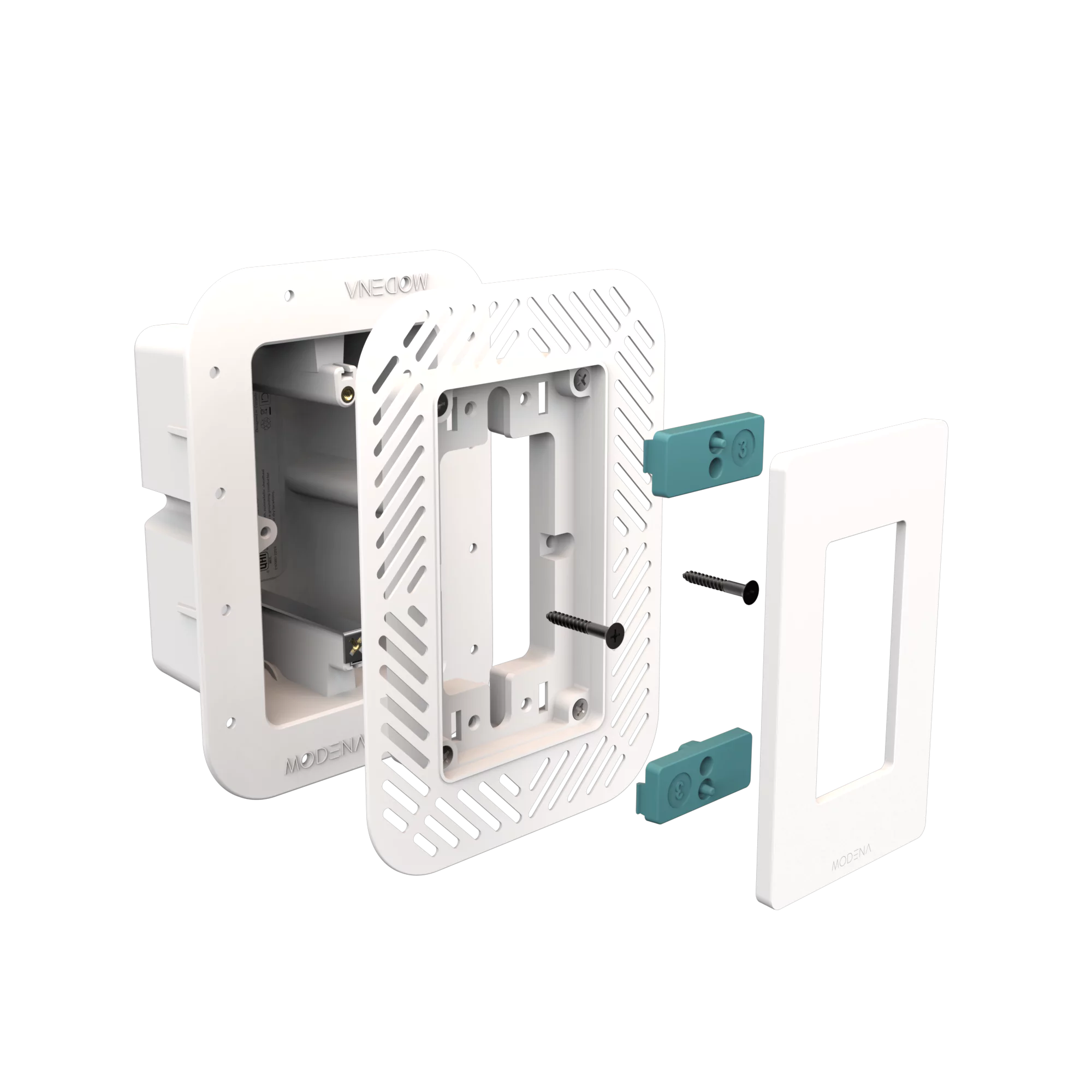 Exploded view of CONCEAL 1-gang flush mount system for Decora switches and outlets in drywall surfaces