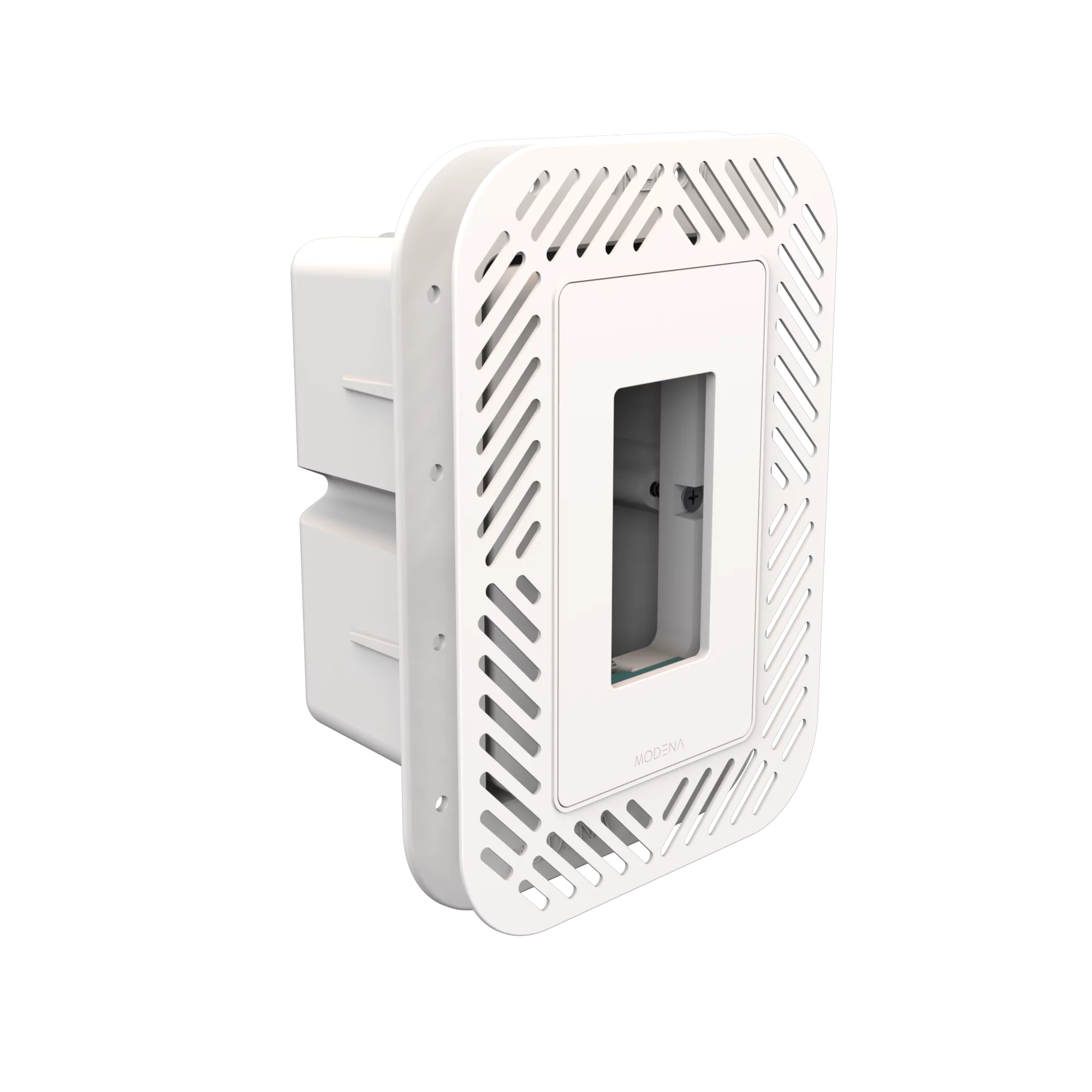 Angle view of CONCEAL 1-gang flush mount system for Decora switches and outlets in drywall surfaces