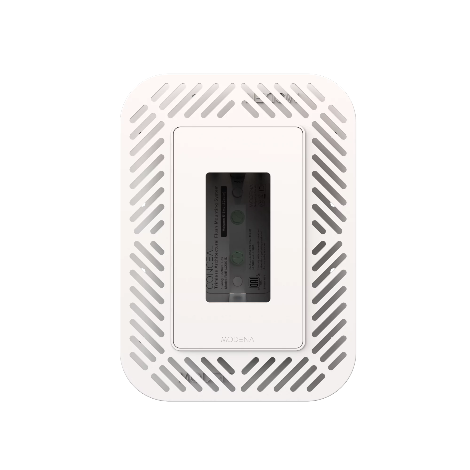 Front view of CONCEAL 1-gang flush mount system for Decora switches and outlets in drywall surfaces