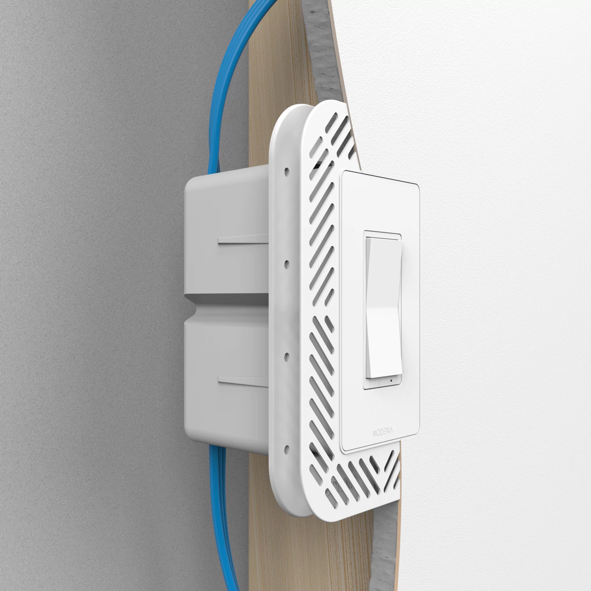 Cross-sectioned view of CONCEAL 1-gang flush mount system for Decora switches and outlets installed in drywall