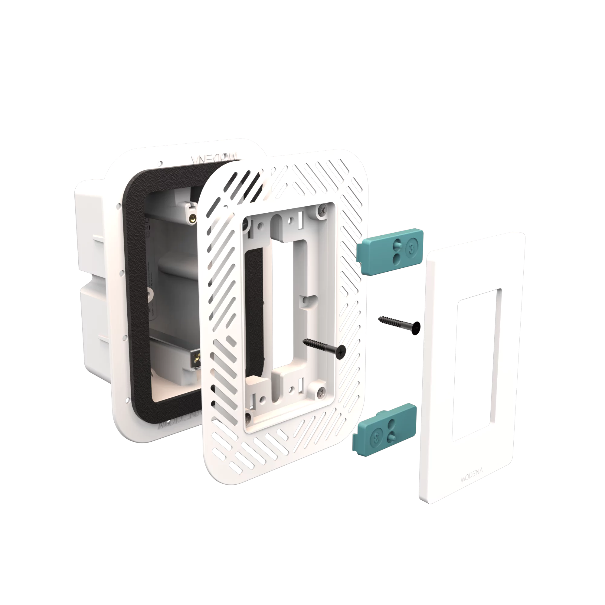 Exploded view of CONCEAL 1-gang flush mount system with gasket for Decora switches and outlets in drywall surfaces