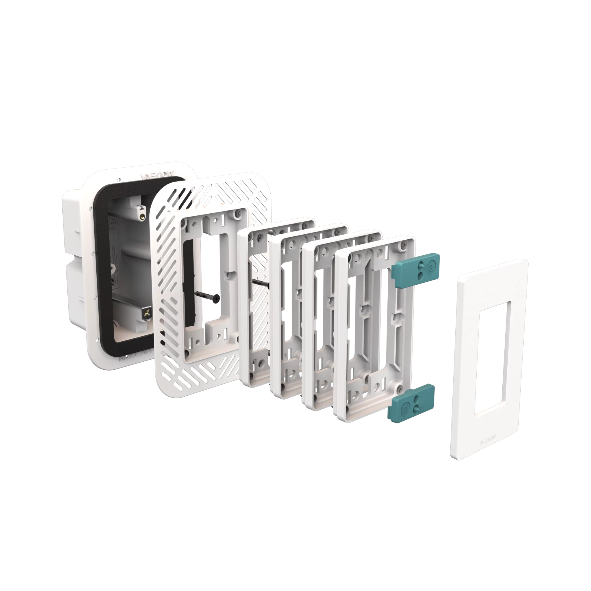 Exploded view of CONCEAL 1-gang flush mount system with gasket for Decora switches and outlets in 1-1 1/4 inch solid surfaces