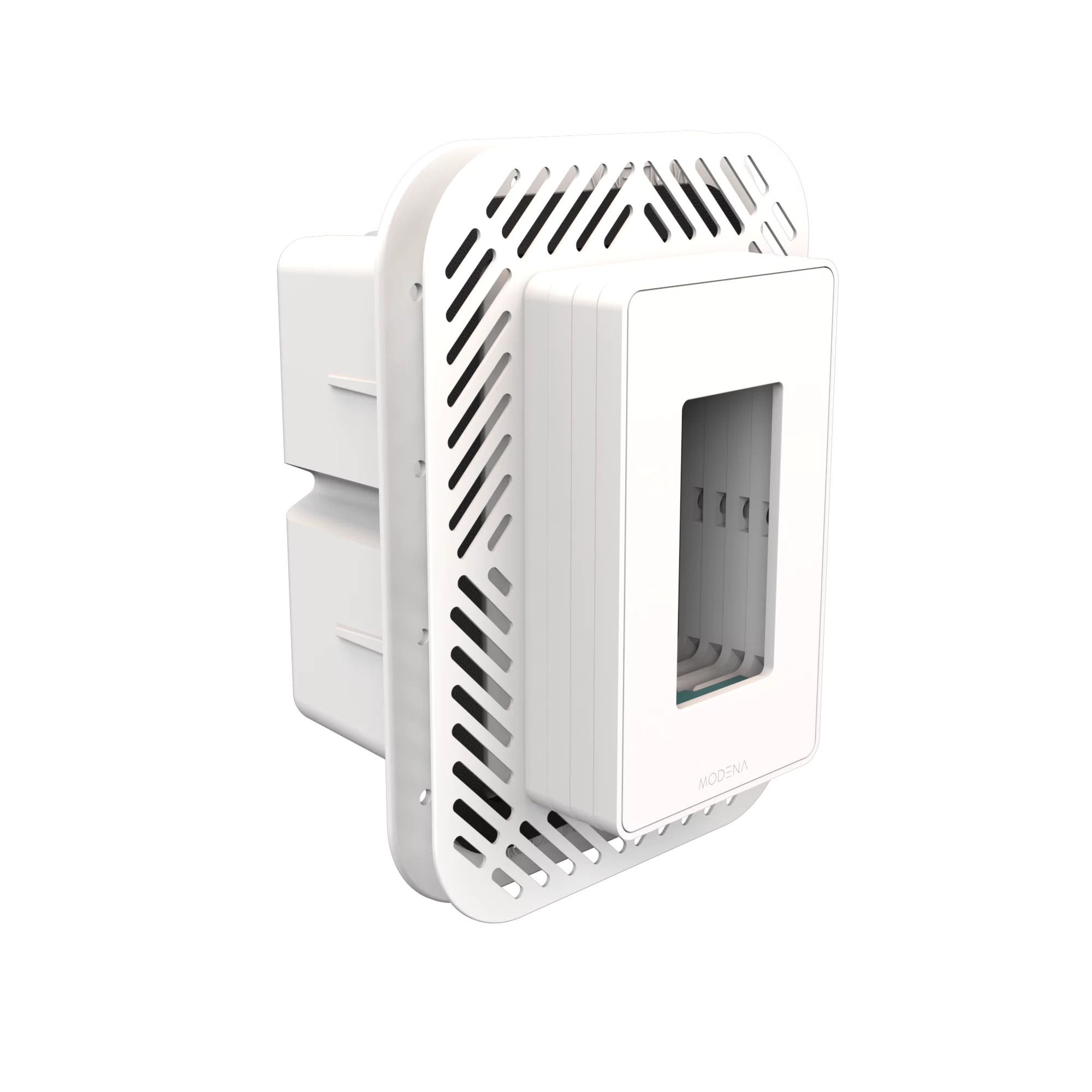 Angle view of CONCEAL 1-gang flush mount system with gasket for Decora switches and outlets in 1-1 1/4 inch solid surfaces
