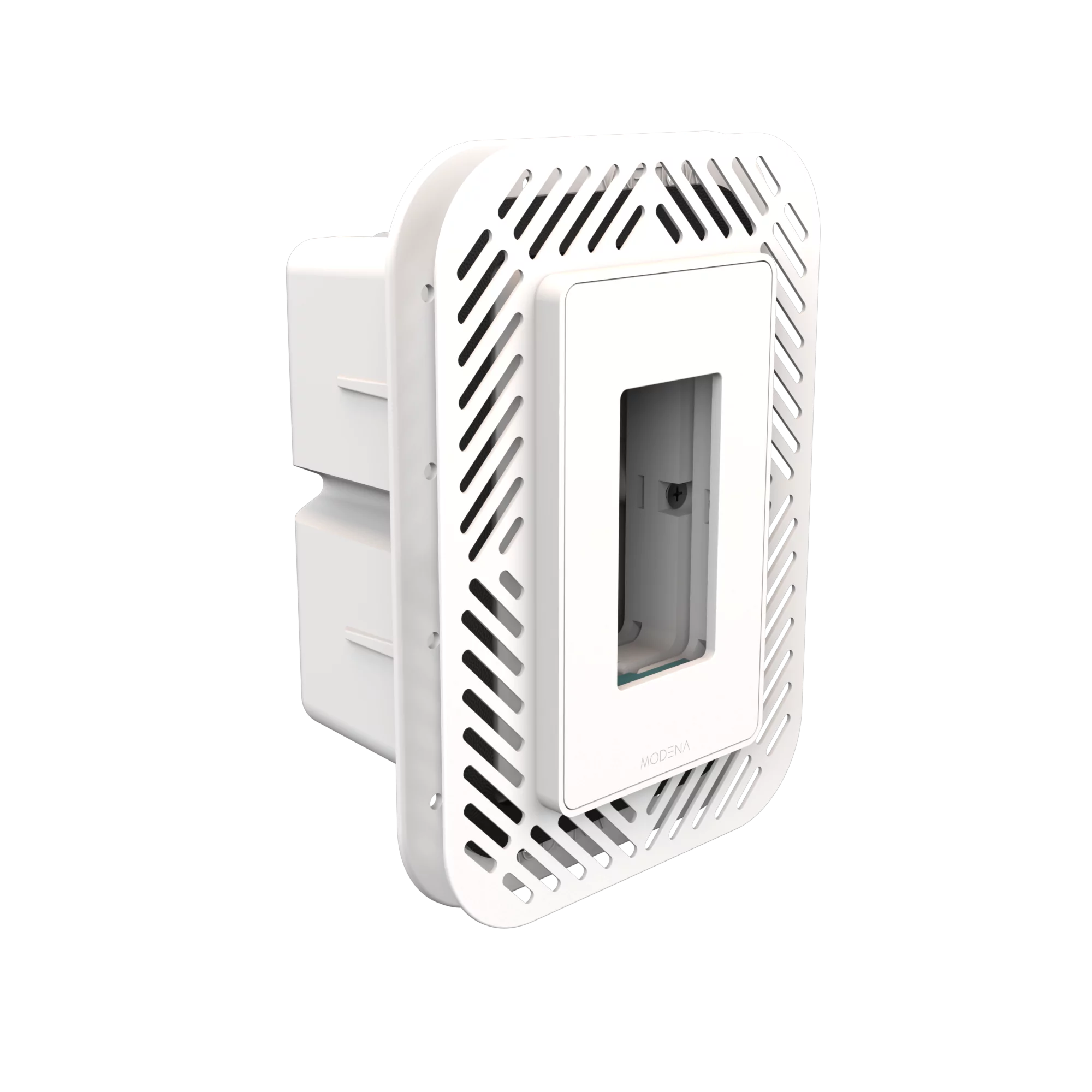 Angle view of CONCEAL 1-gang flush mount system with gasket for Decora switches and outlets in 1/4-1/2 inch solid surfaces