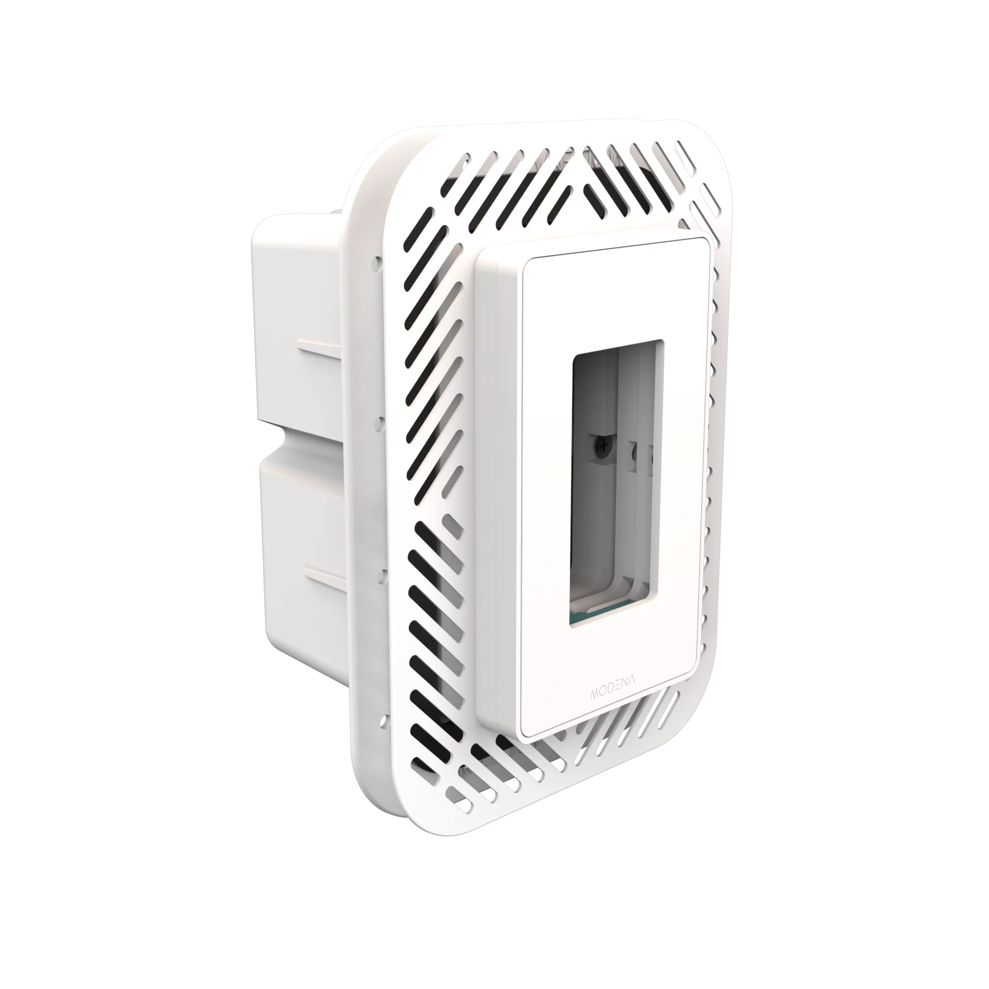 Angle view of CONCEAL 1-gang flush mount system with gasket for Decora switches and outlets in 1/2-3/4 inch solid surfaces