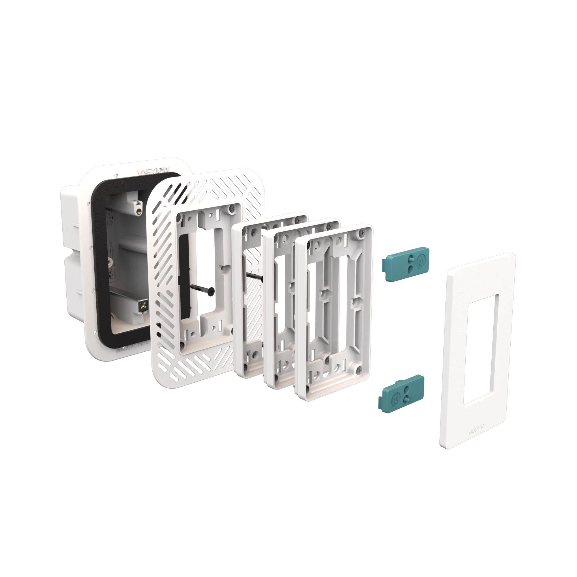 Exploded view of CONCEAL 1-gang flush mount system with gasket for Decora switches and outlets in 3/4-1 inch solid surfaces