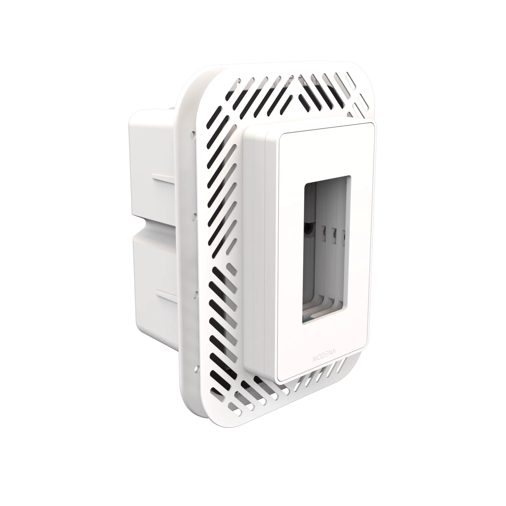 Angle view of CONCEAL 1-gang flush mount system with gasket for Decora switches and outlets in 3/4-1 inch solid surfaces