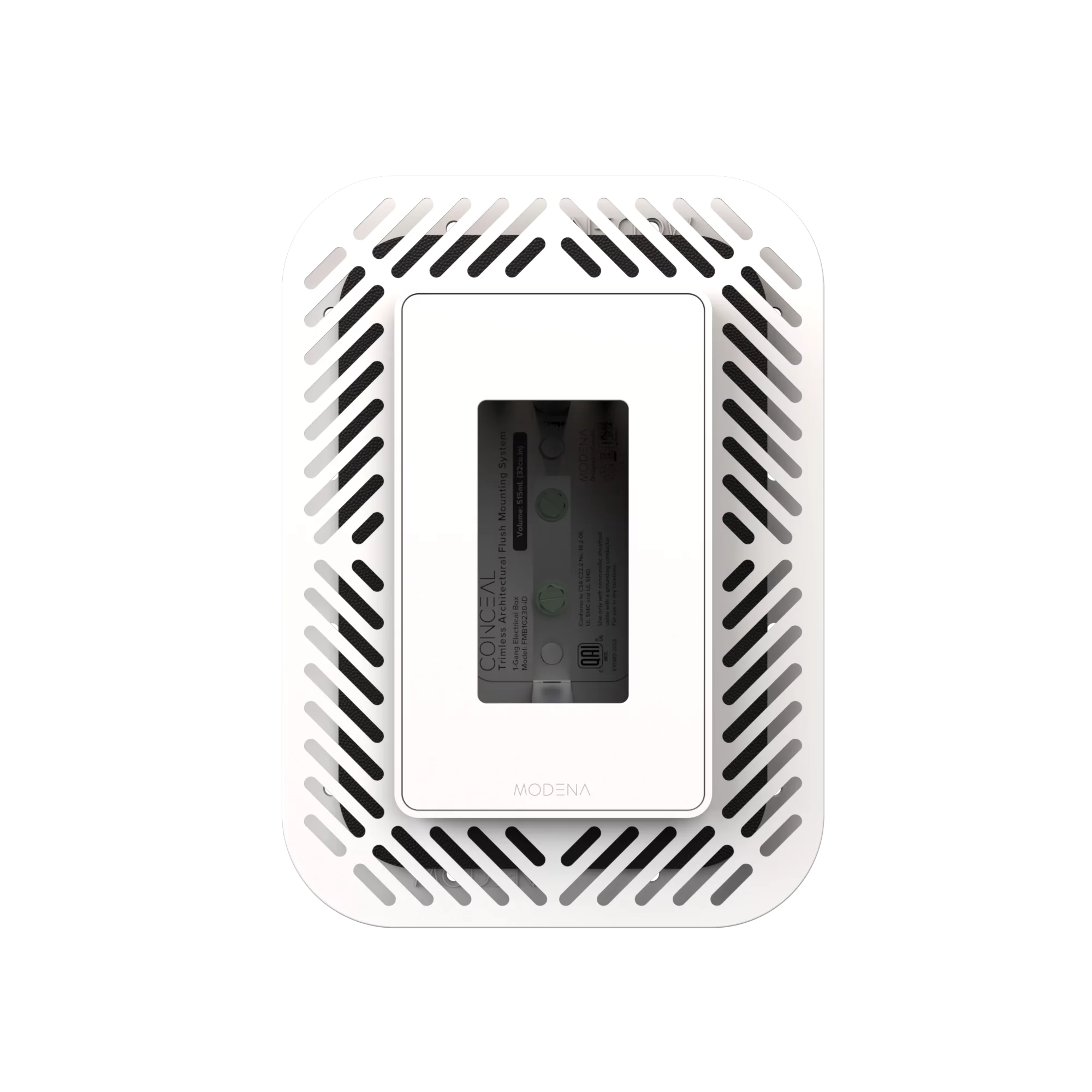 Front view of CONCEAL 1-gang flush mount system with gasket for Decora switches and outlets in solid surfaces