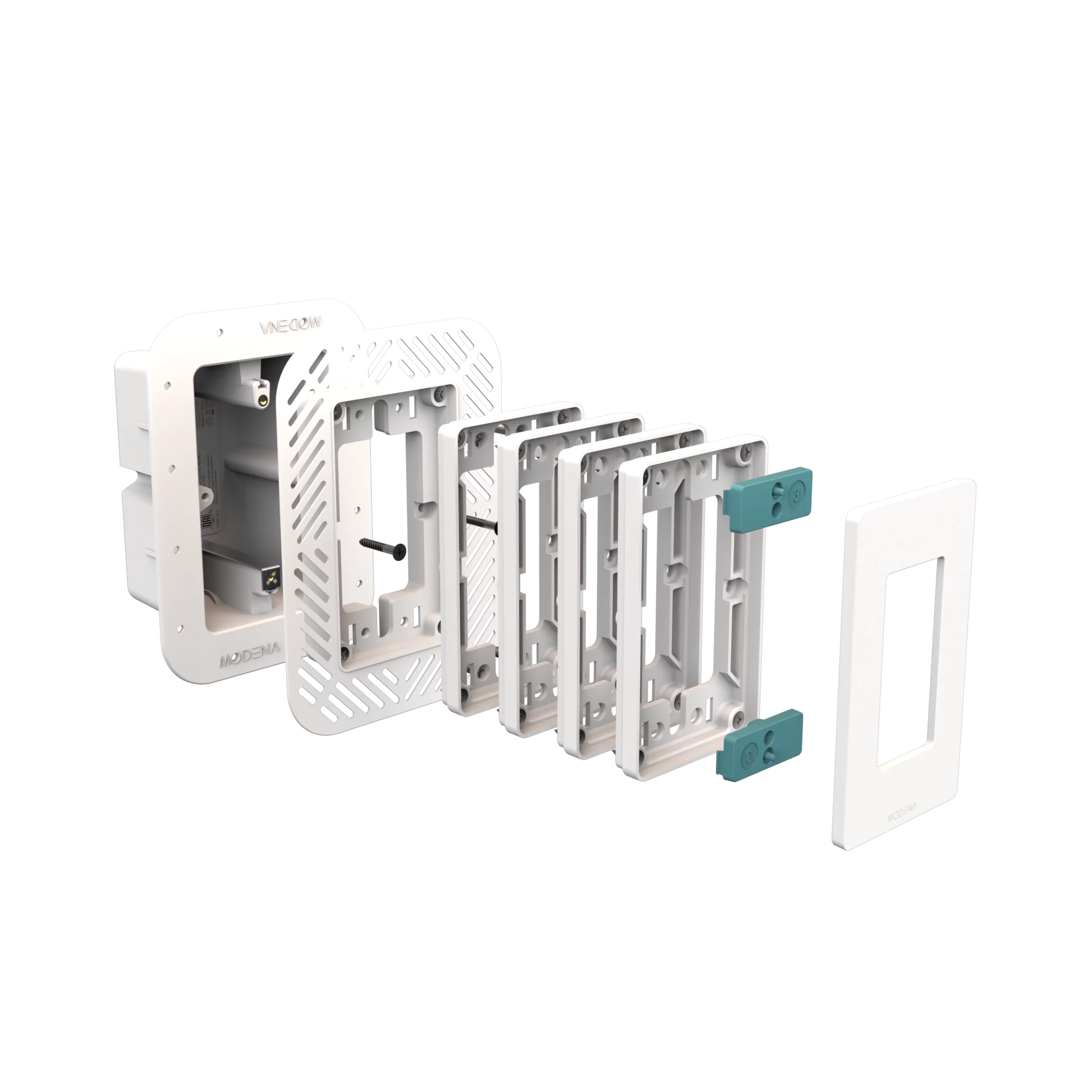 Exploded view of CONCEAL 1-gang flush mount system for Decora switches and outlets in 1-1 1/4 inch solid surfaces