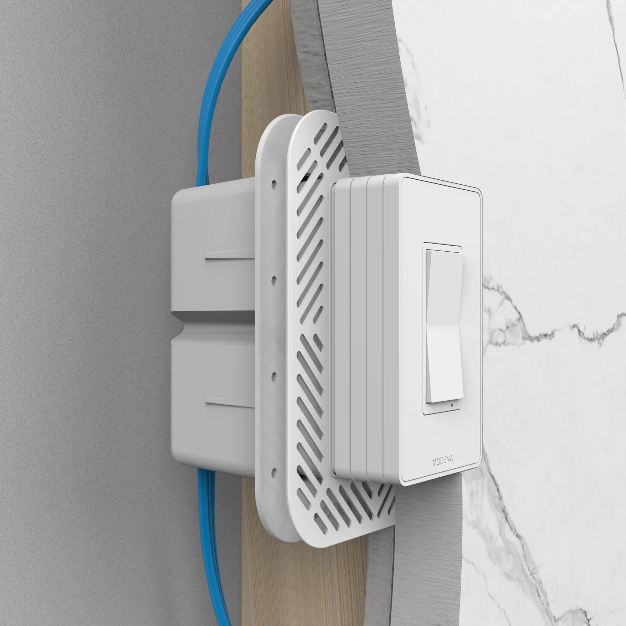Cross-sectioned view of CONCEAL 1-gang flush mount system for Decora switches and outlets installed in 1 inch solid surface