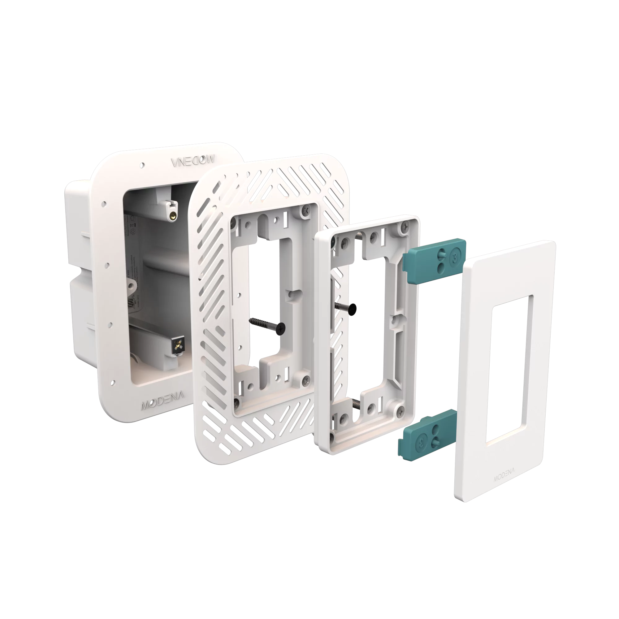 Exploded view of CONCEAL 1-gang flush mount system for Decora switches and outlets in 1/4-1/2 inch solid surfaces