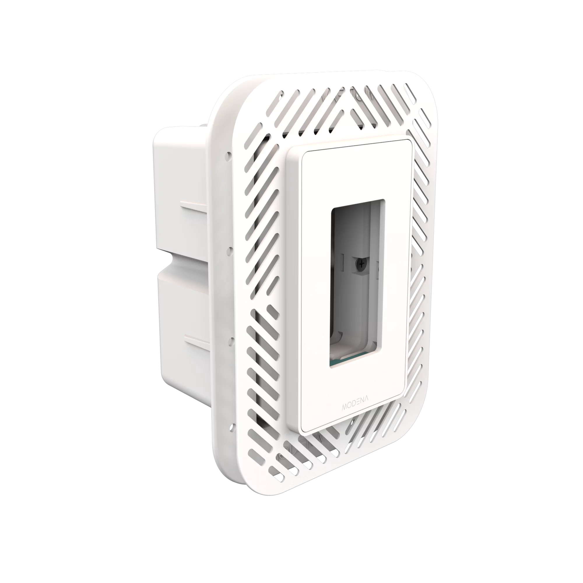 Angle view of CONCEAL 1-gang flush mount system for Decora switches and outlets in 1/4-1/2 inch solid surfaces