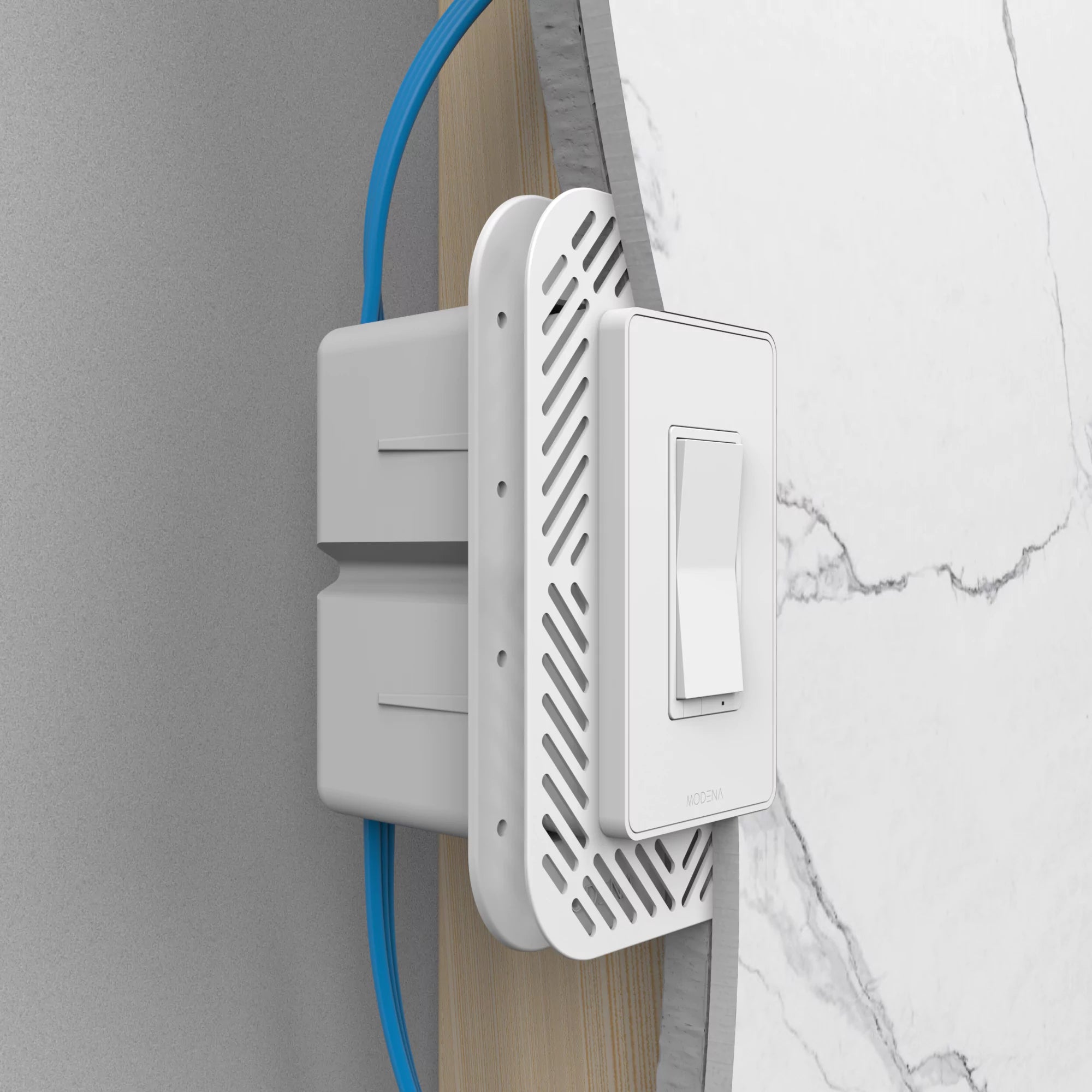 Cross-sectioned view of CONCEAL 1-gang flush mount system for Decora switches and outlets installed in 1/4 inch solid surface