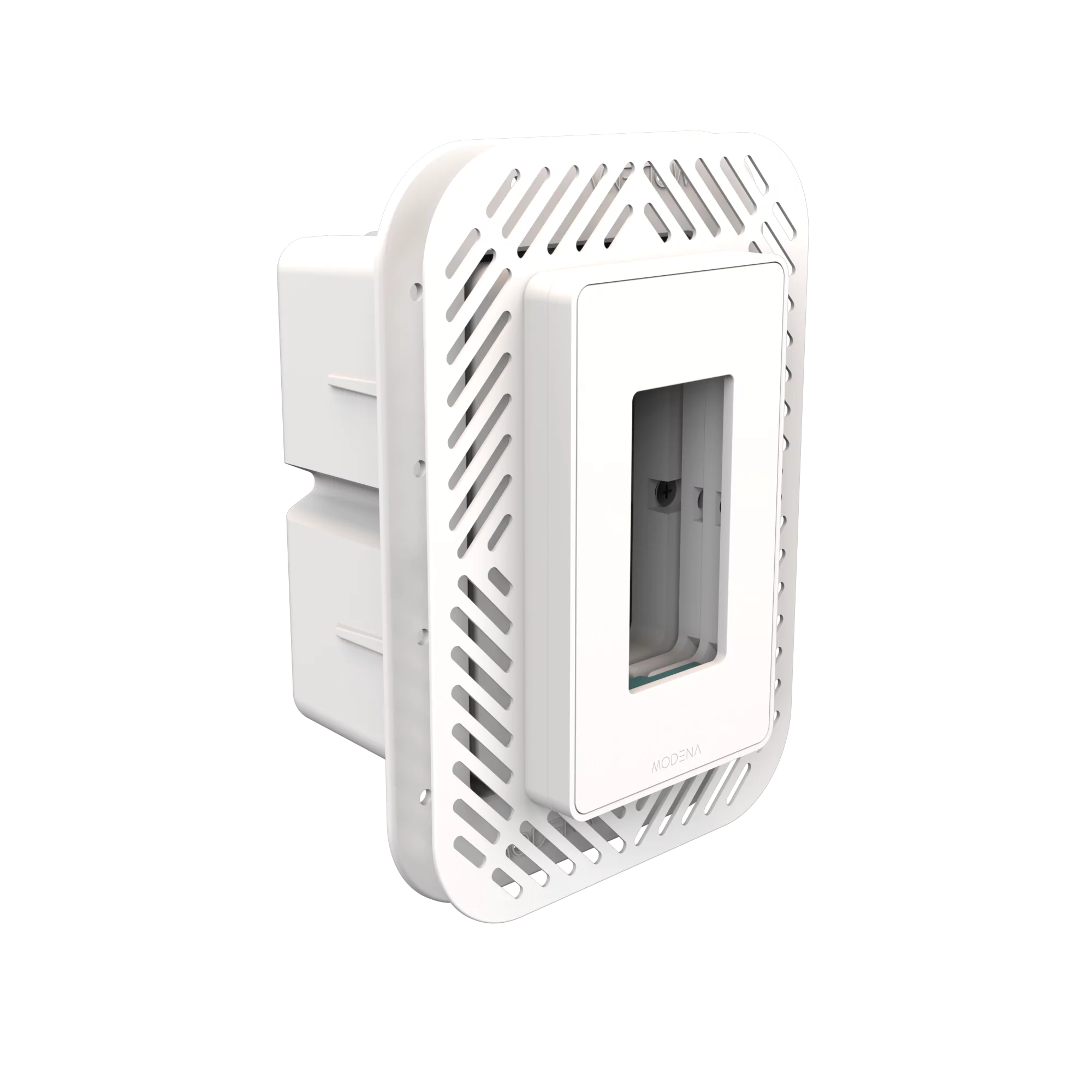 Angle view of CONCEAL 1-gang flush mount system for Decora switches and outlets in 1/2-3/4 inch solid surfaces