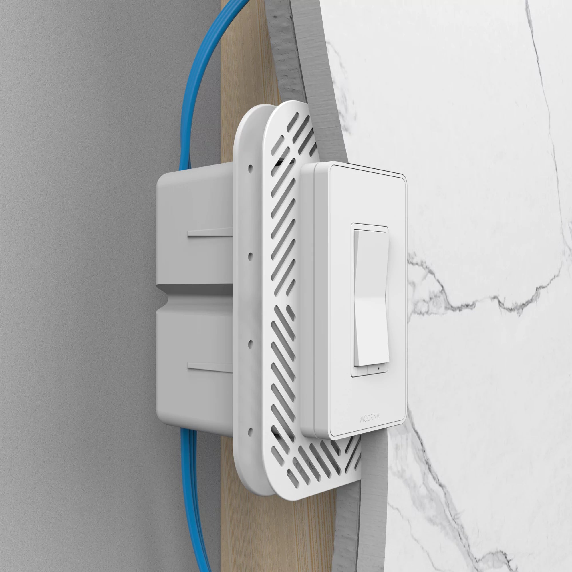 Cross-sectioned view of CONCEAL 1-gang flush mount system for Decora switches and outlets installed in 1/2 inch solid surface