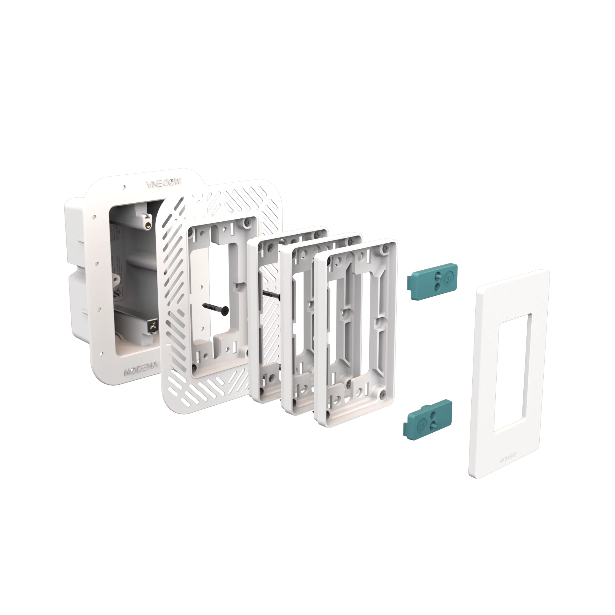Exploded view of CONCEAL 1-gang flush mount system for Decora switches and outlets in 3/4-1 inch solid surfaces