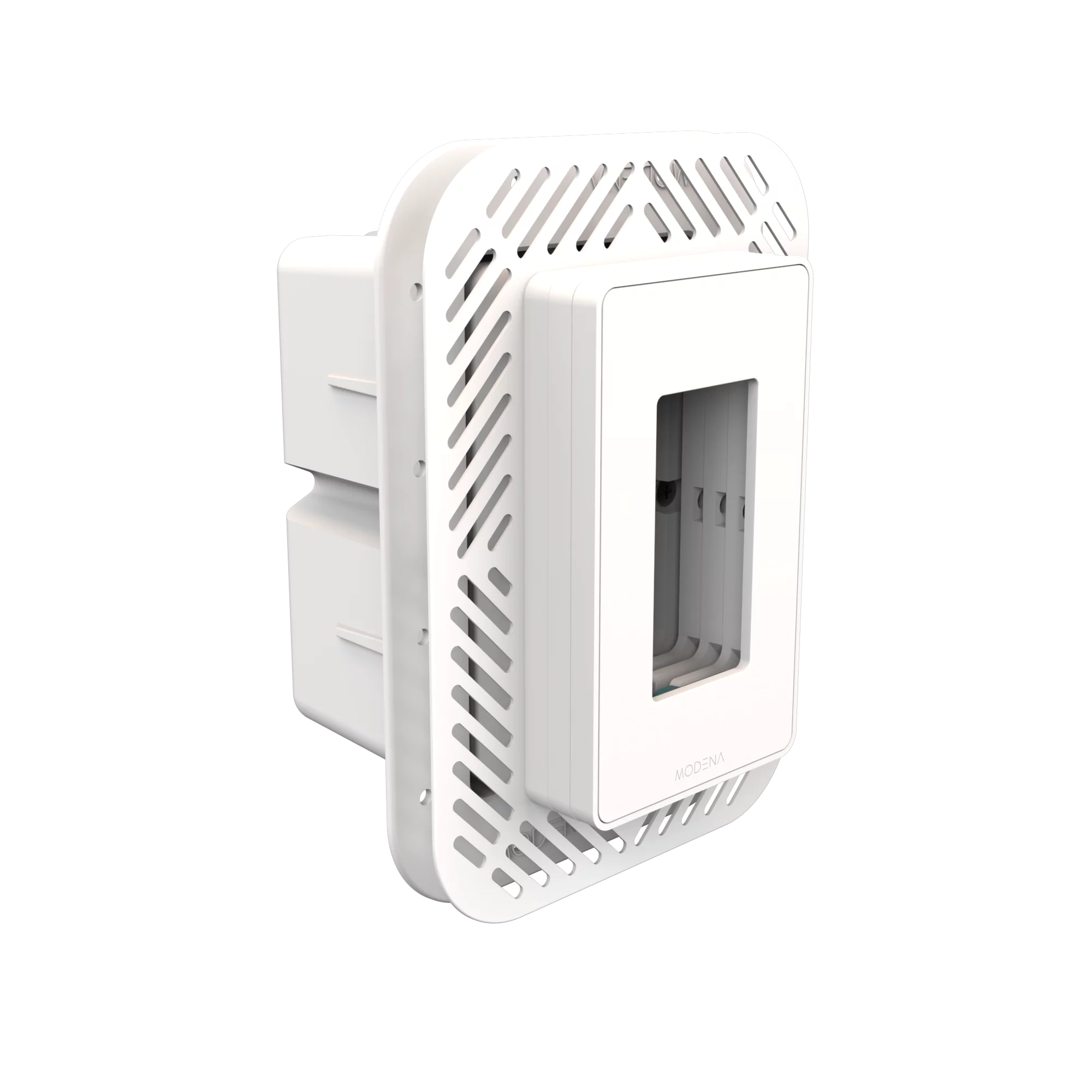 Angle view of CONCEAL 1-gang flush mount system for Decora switches and outlets in 3/4-1 inch solid surfaces