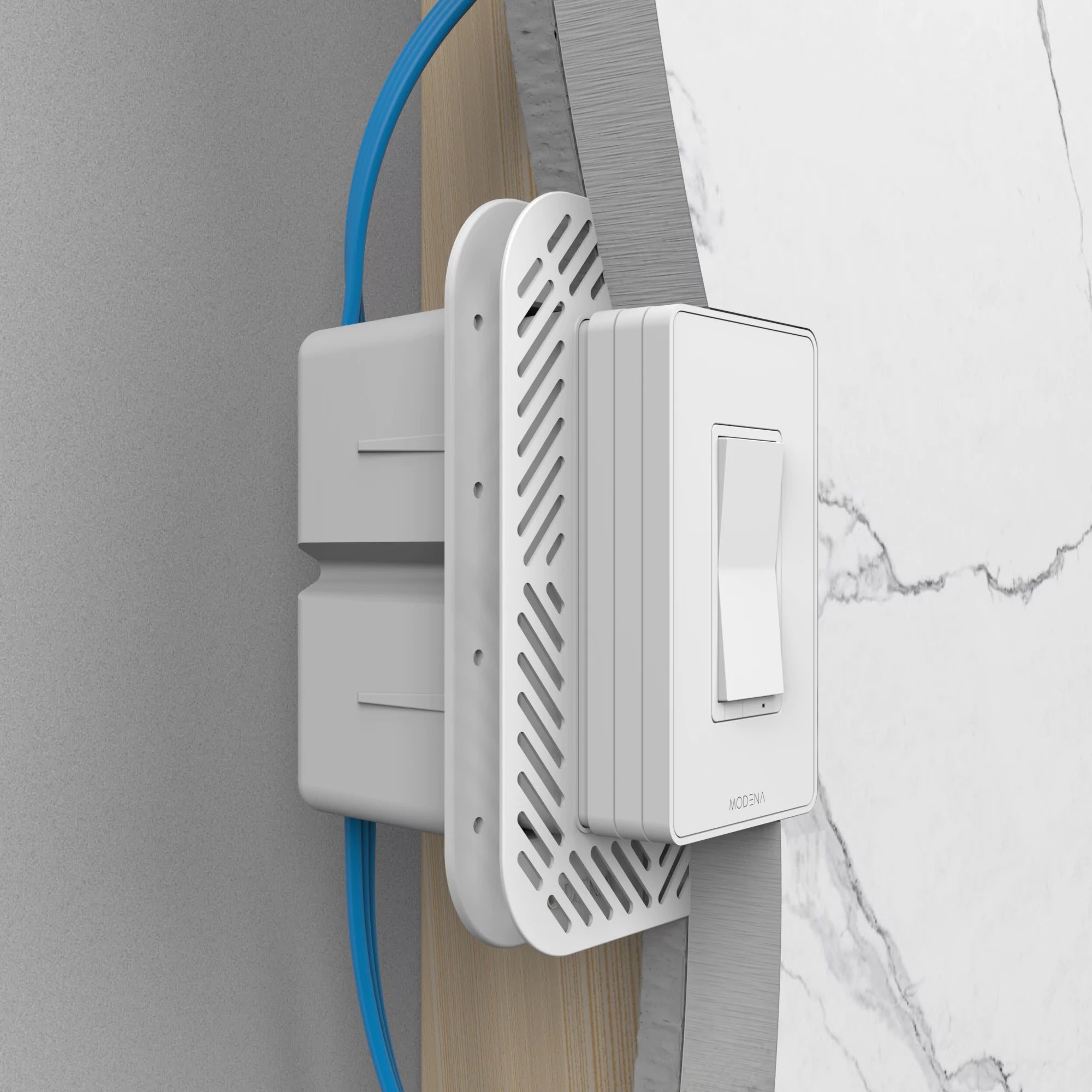 Cross-sectioned view of CONCEAL 1-gang flush mount system for Decora switches and outlets installed in 3/4 inch solid surface