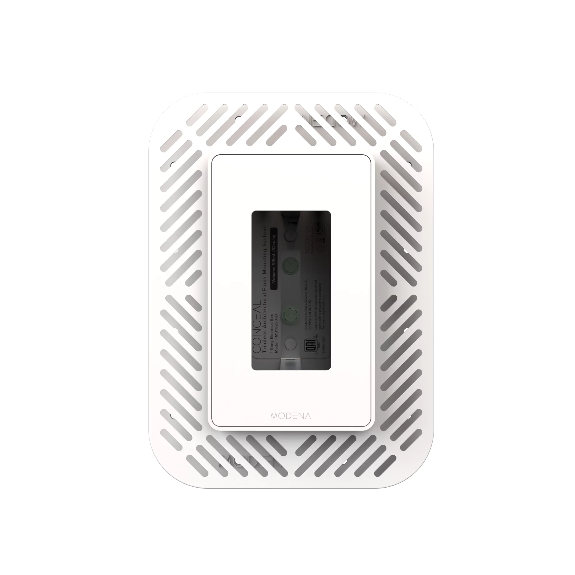 Front view of CONCEAL 1-gang flush mount system for Decora switches and outlets in solid surfaces
