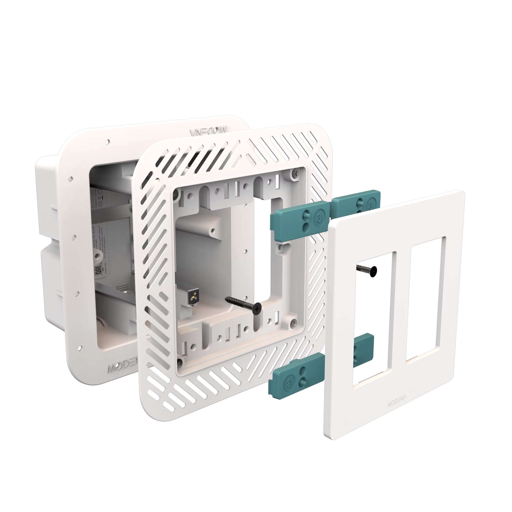 Exploded view of CONCEAL 2-gang flush mount system for Decora switches and outlets in drywall surfaces