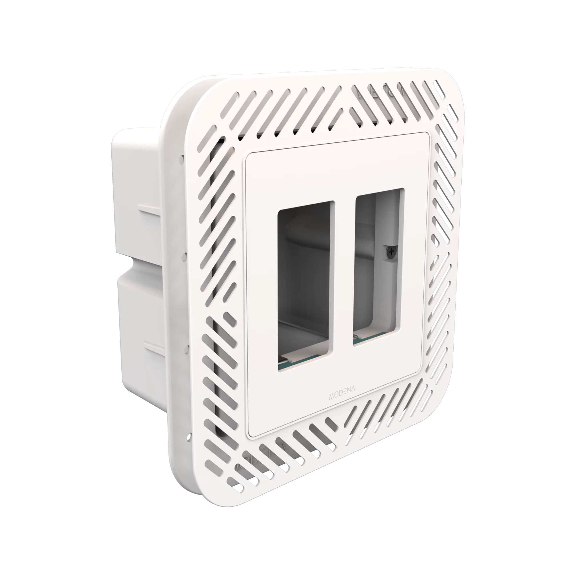 Angle view of CONCEAL 2-gang flush mount system for Decora switches and outlets in drywall surfaces
