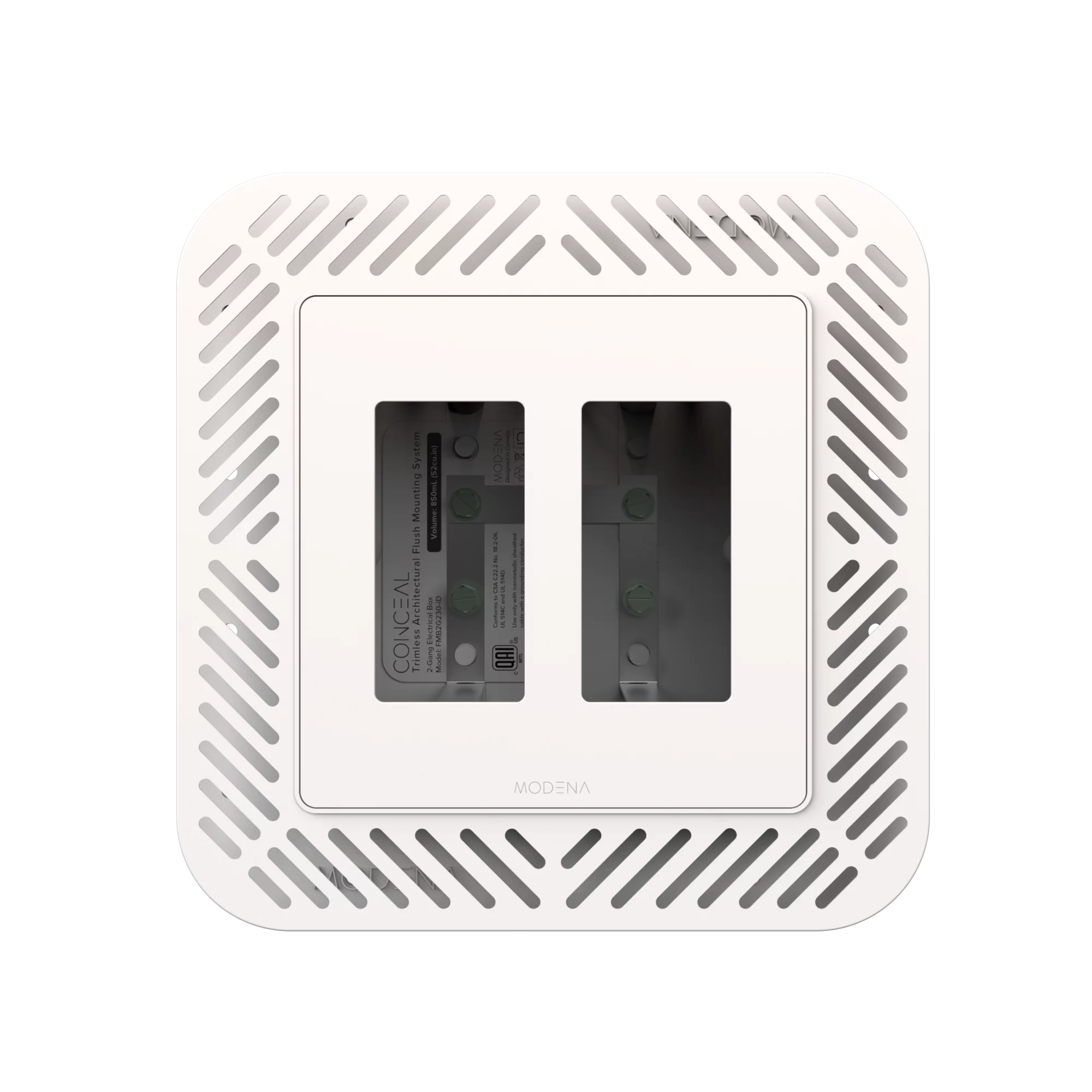 Front view of CONCEAL 2-gang flush mount system for Decora switches and outlets in drywall surfaces