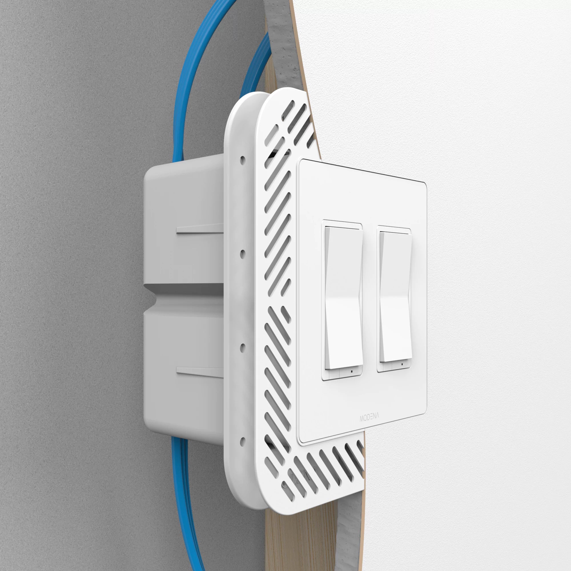 Cross-sectioned view of CONCEAL 2-gang flush mount system for Decora switches and outlets installed in drywall