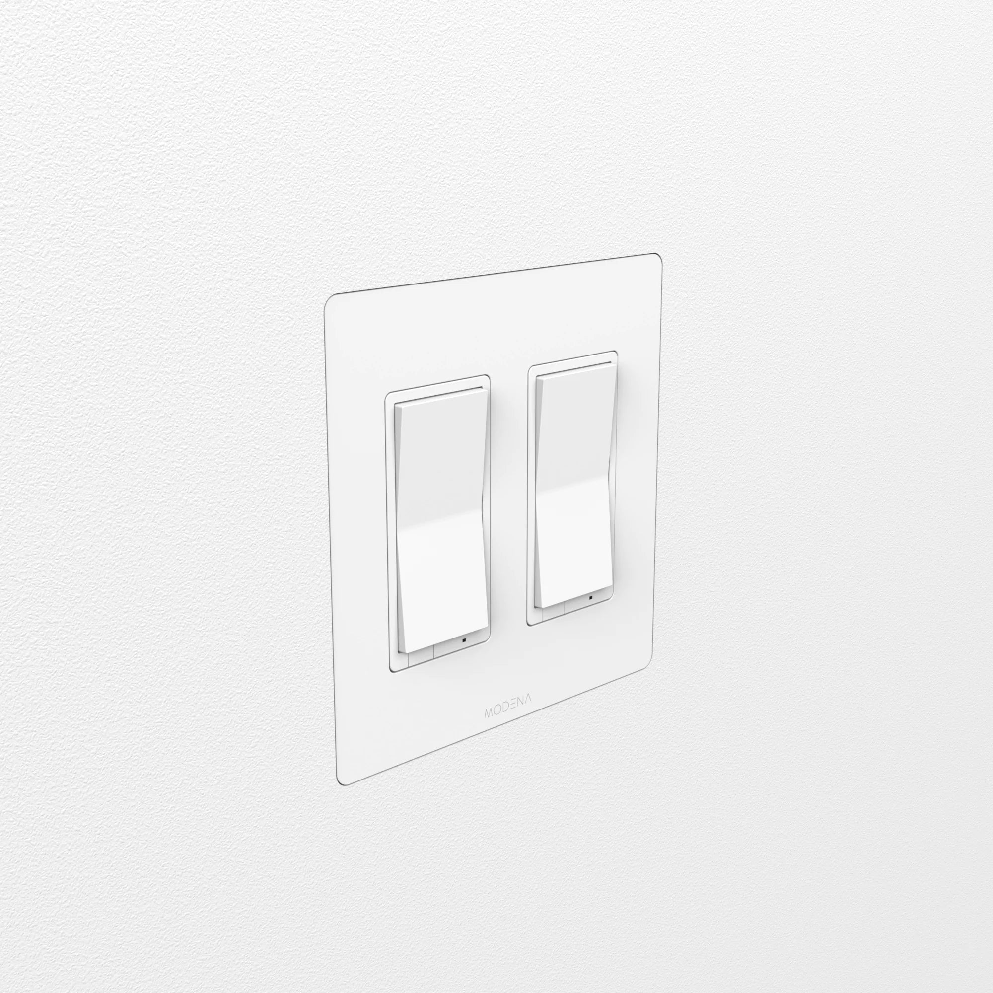 Angle view of CONCEAL 2-gang flush mount system for Decora switches and outlets installed in drywall
