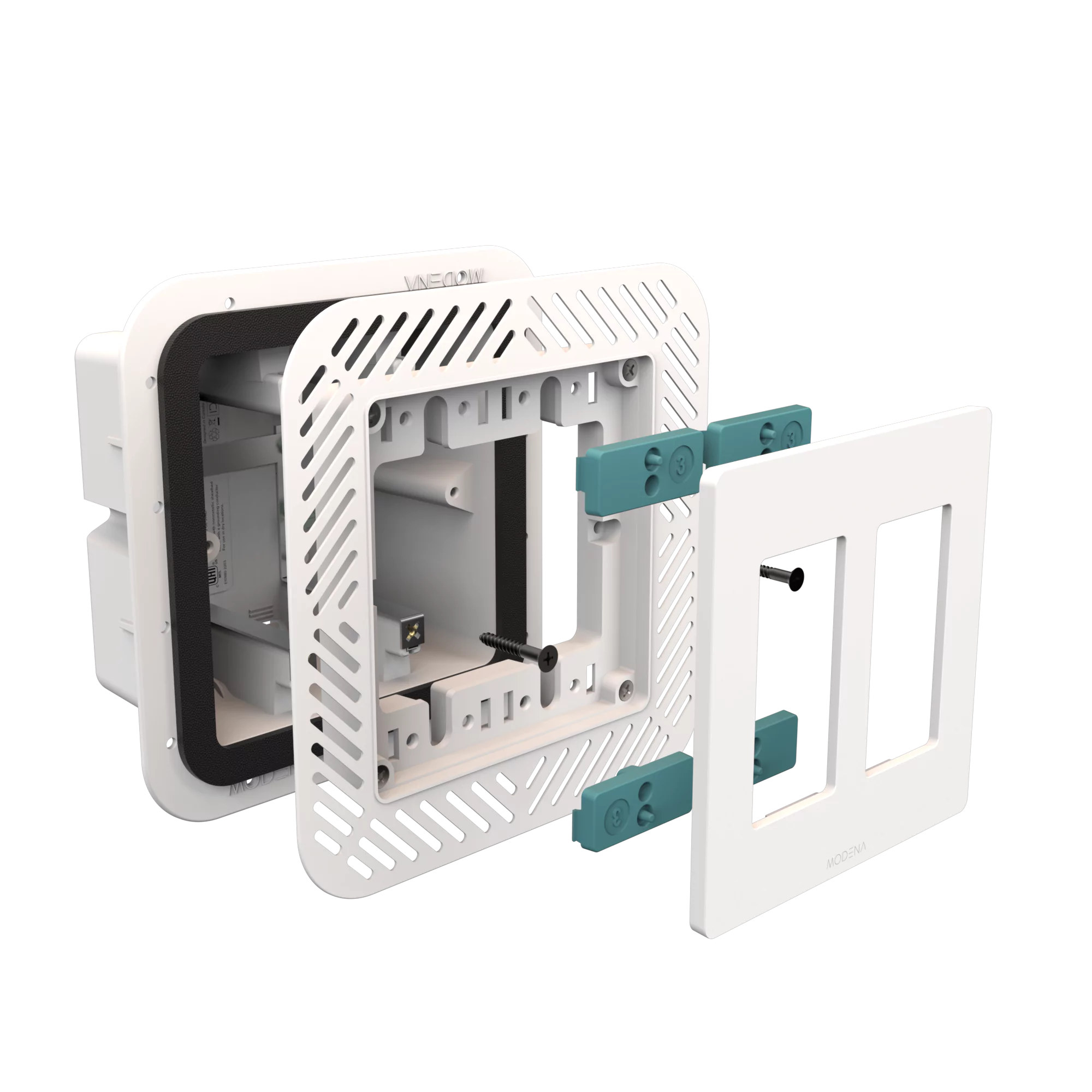 Exploded view of CONCEAL 2-gang flush mount system with gasket for Decora switches and outlets in drywall surfaces