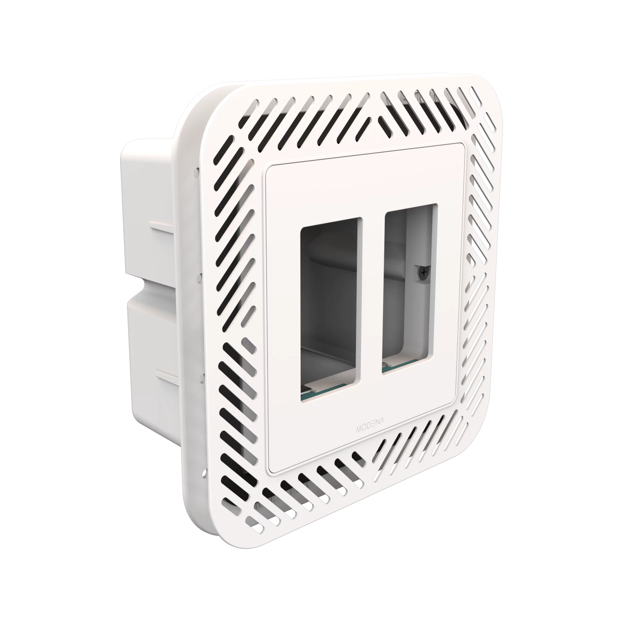 Angle view of CONCEAL 2-gang flush mount system with gasket for Decora switches and outlets in drywall surfaces
