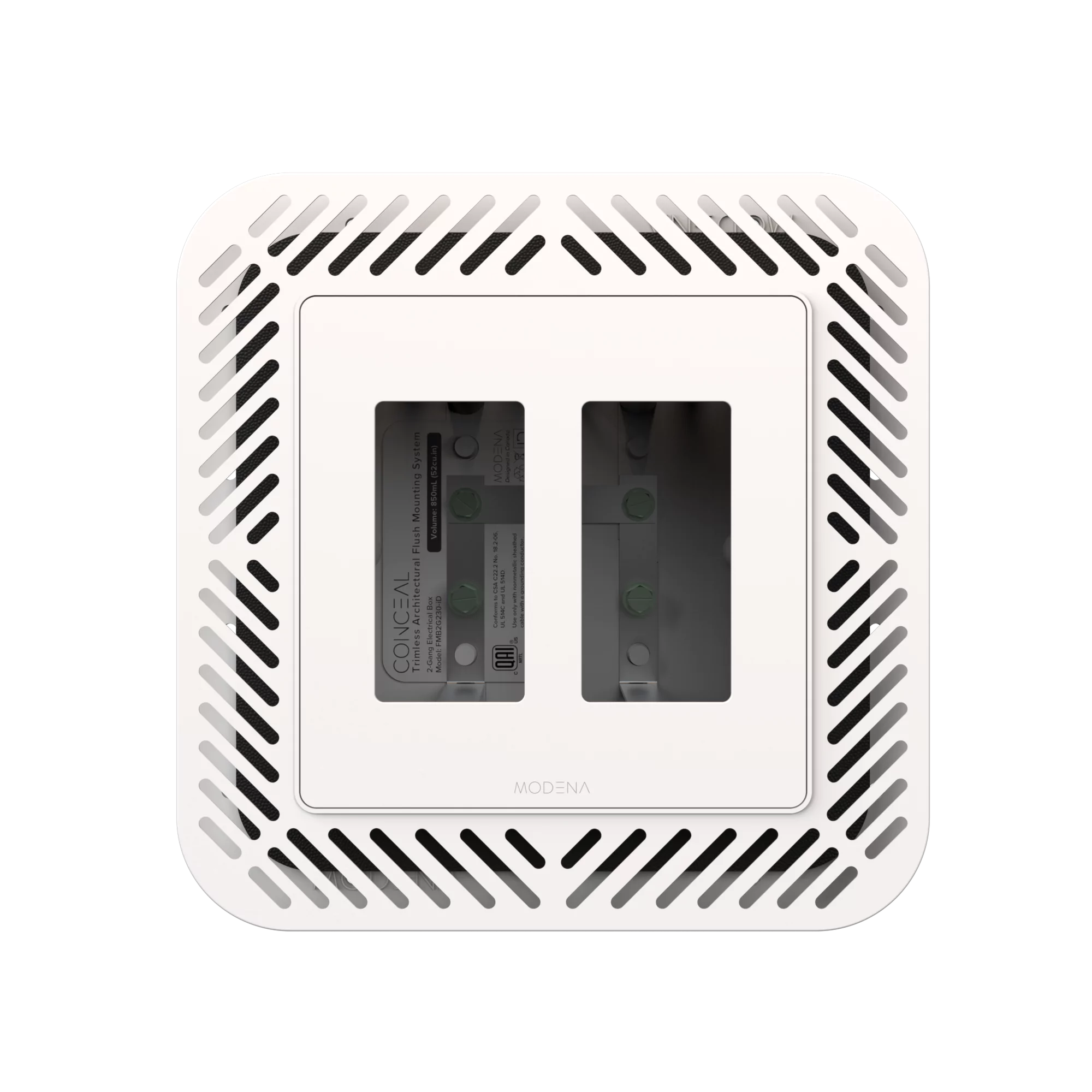 Front view of CONCEAL 2-gang flush mount system with gasket for Decora switches and outlets in drywall surfaces