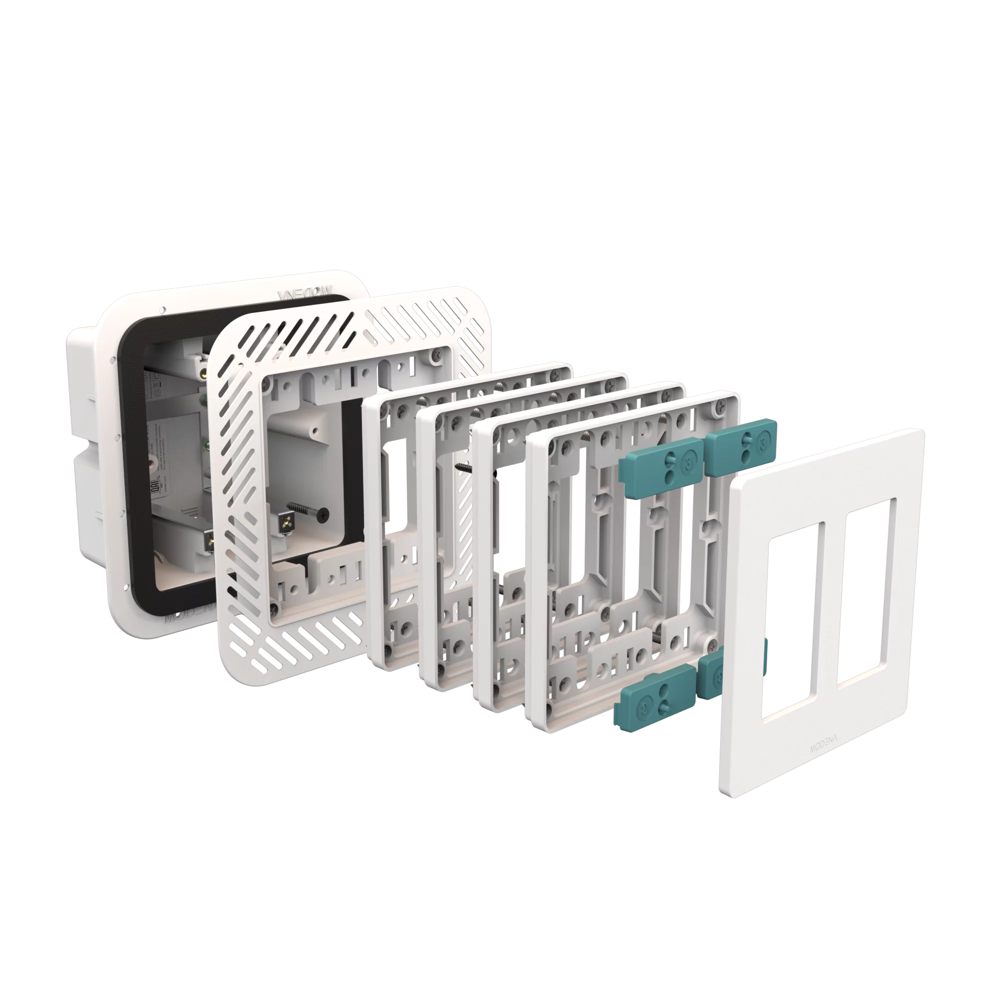 Exploded view of CONCEAL 2-gang flush mount system with gasket for Decora switches and outlets in 1-1 1/4 inch solid surfaces